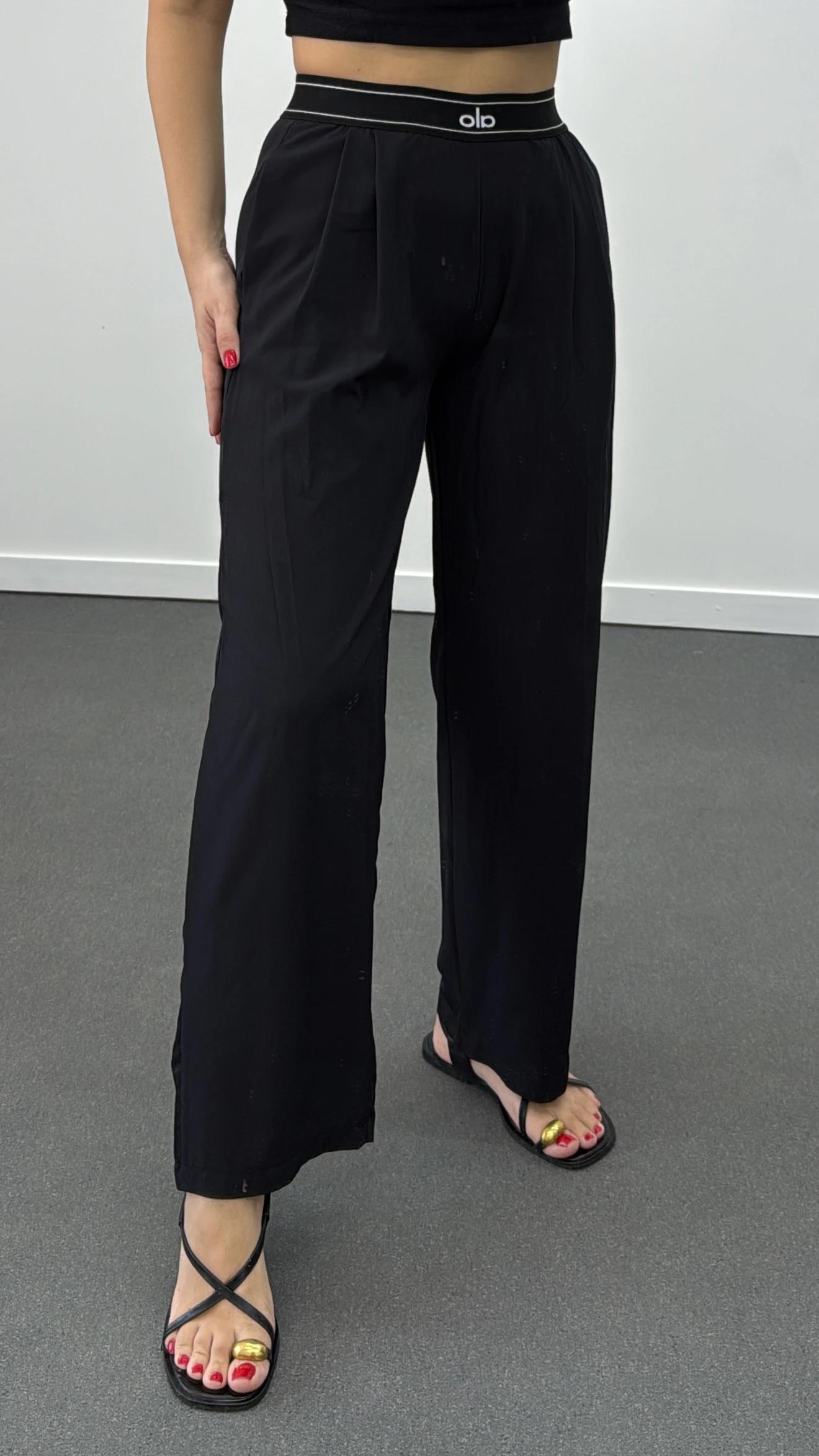 Siyah Beli Çizgili Lastikli Palazzo Pantolon