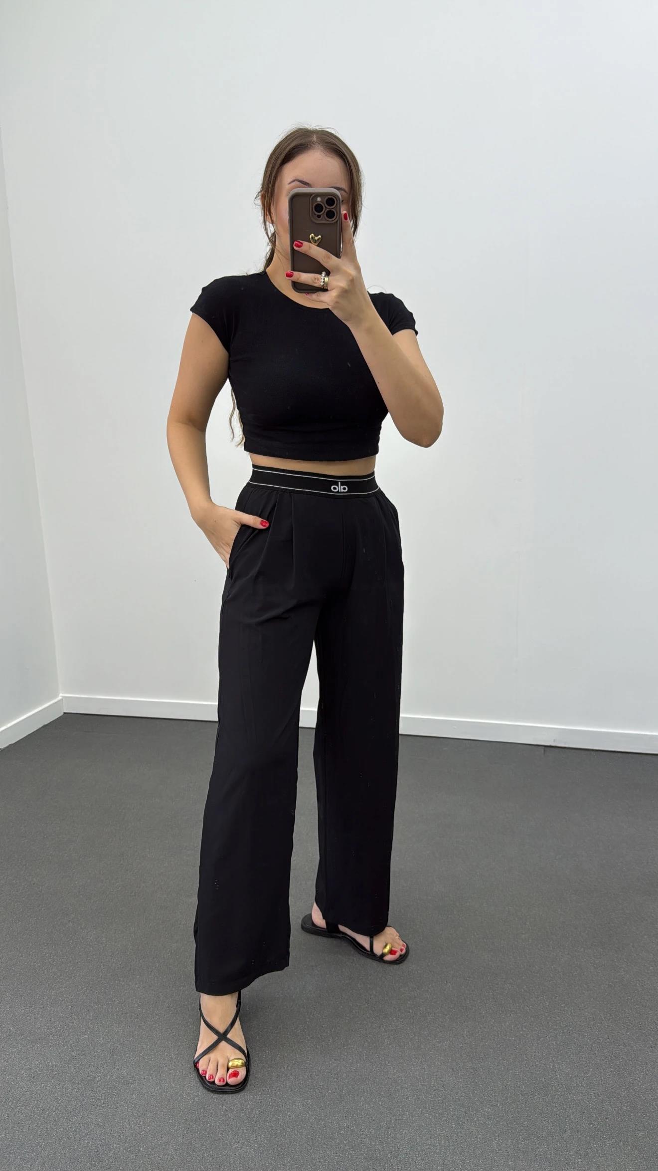 Siyah Beli Çizgili Lastikli Palazzo Pantolon