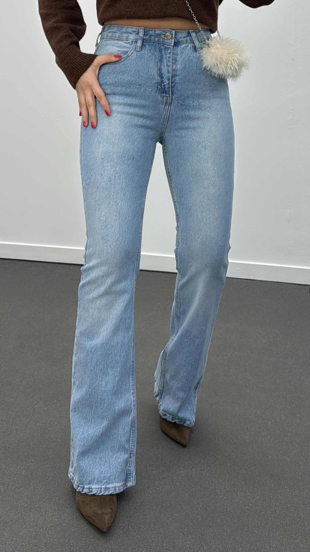 Sky Açık Yıkamalı Yüksek Bel Flare Jeans