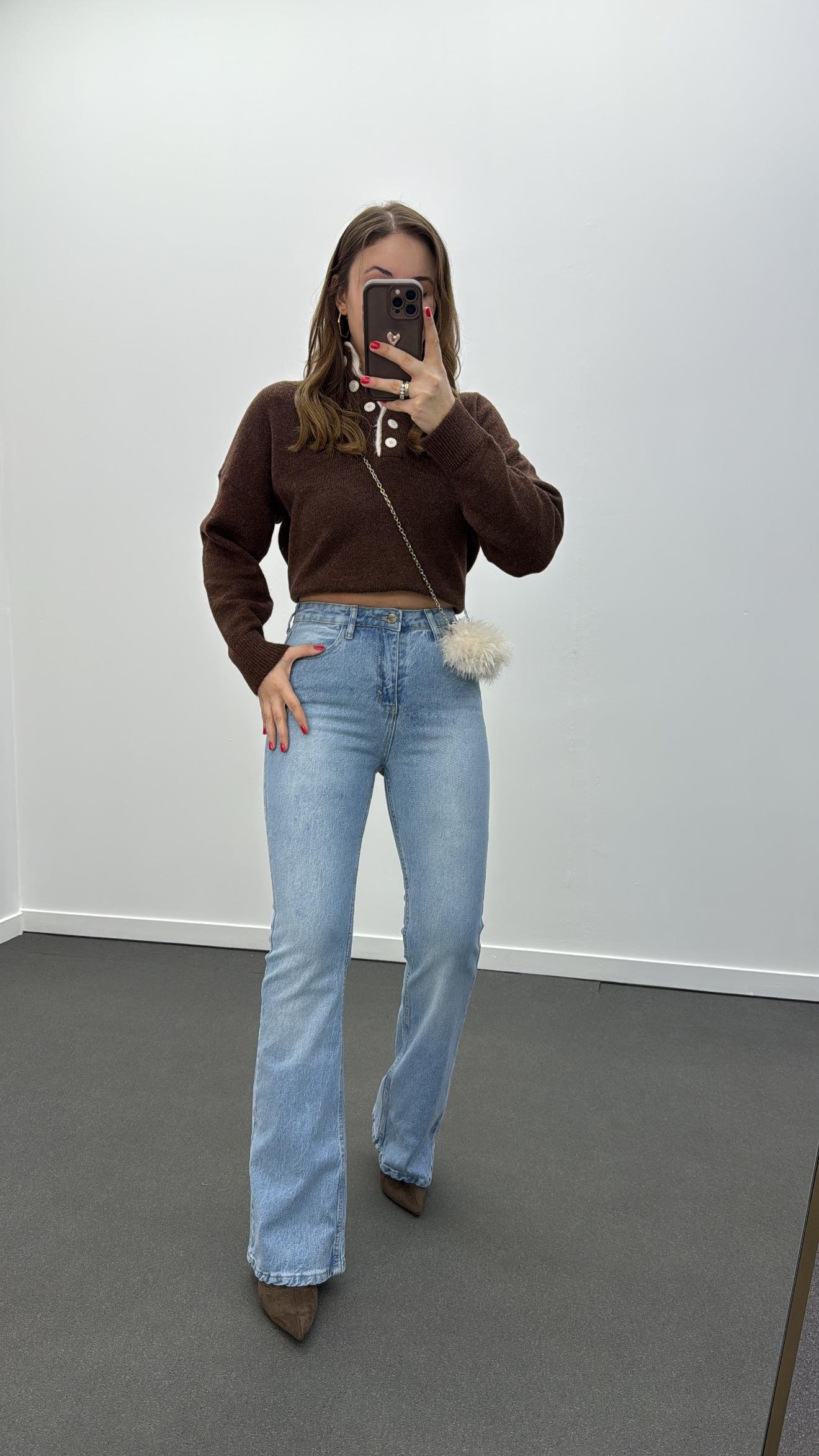 Sky Açık Yıkamalı Yüksek Bel Flare Jeans