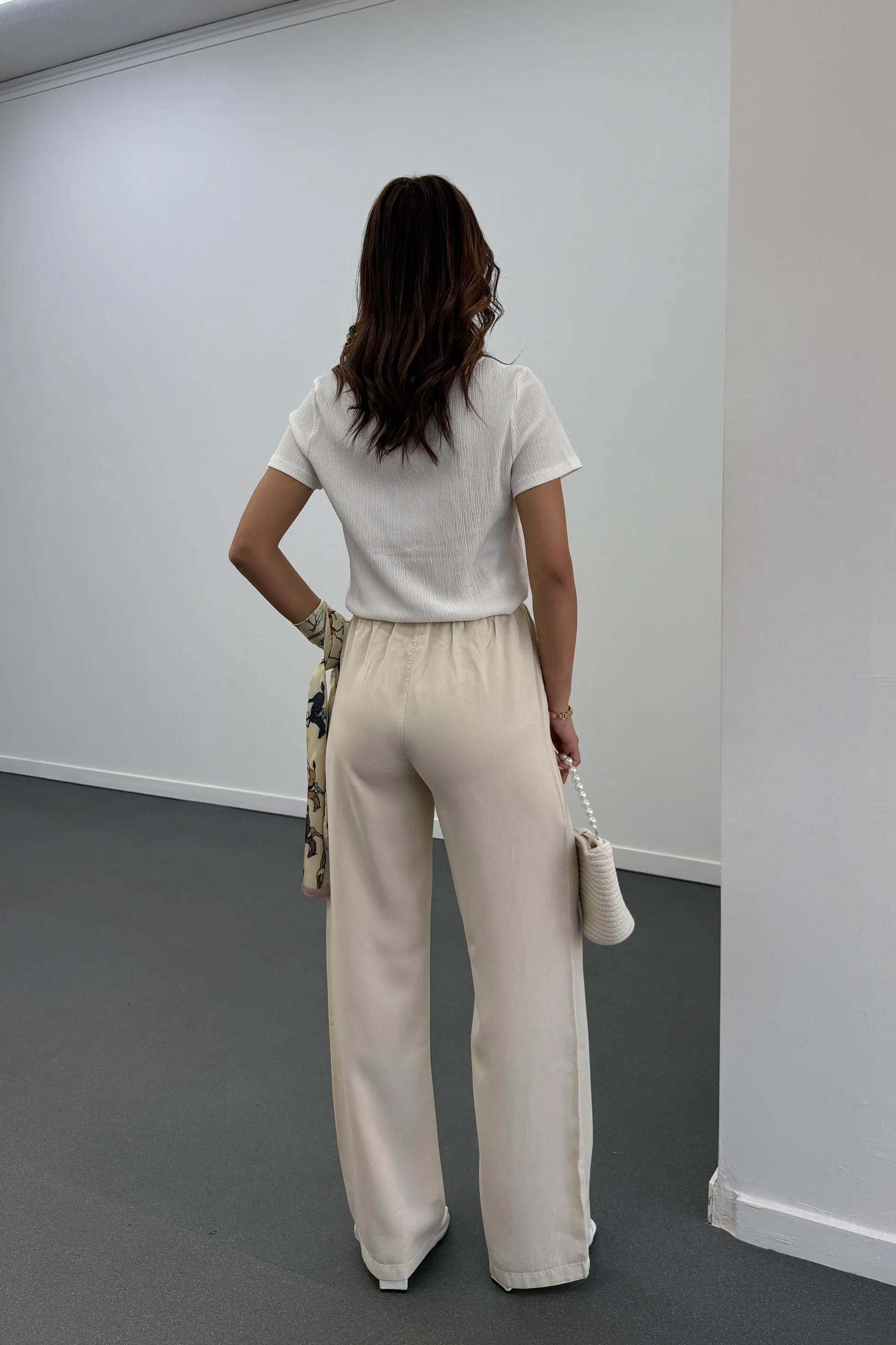 Sonya Krem Beli Lastikli Salaş Pantolon