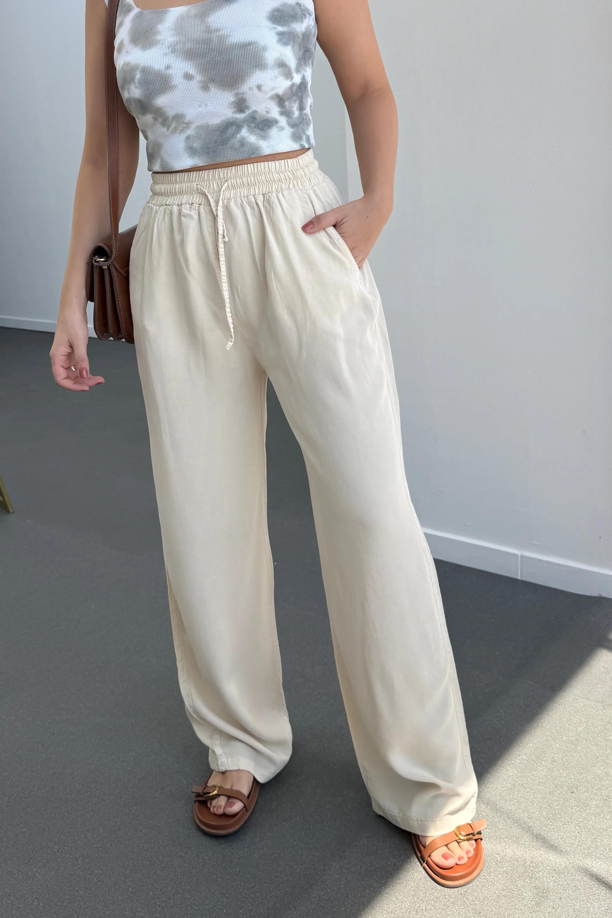 Sonya Krem Beli Lastikli Salaş Pantolon