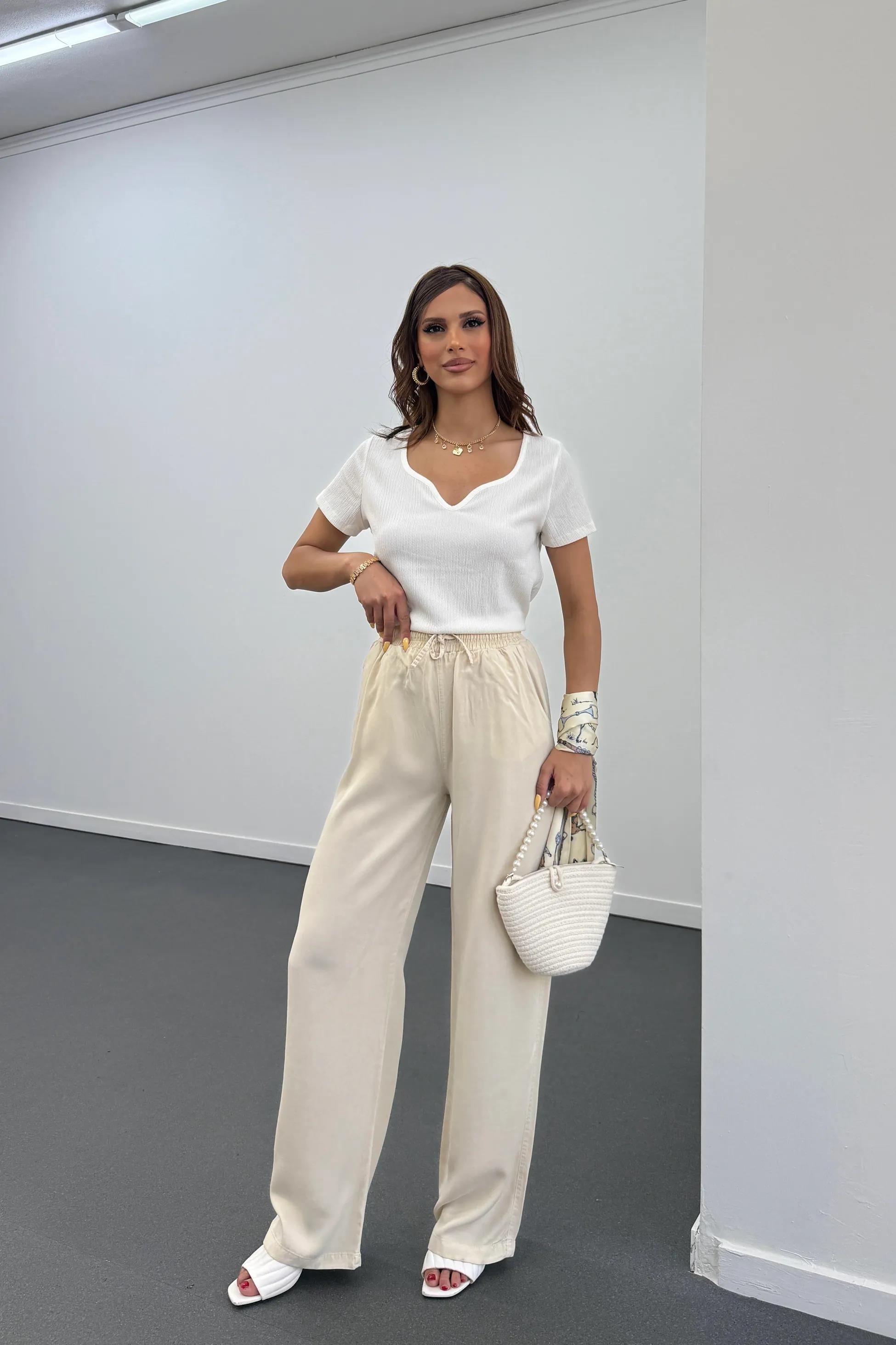 Sonya Krem Beli Lastikli Salaş Pantolon