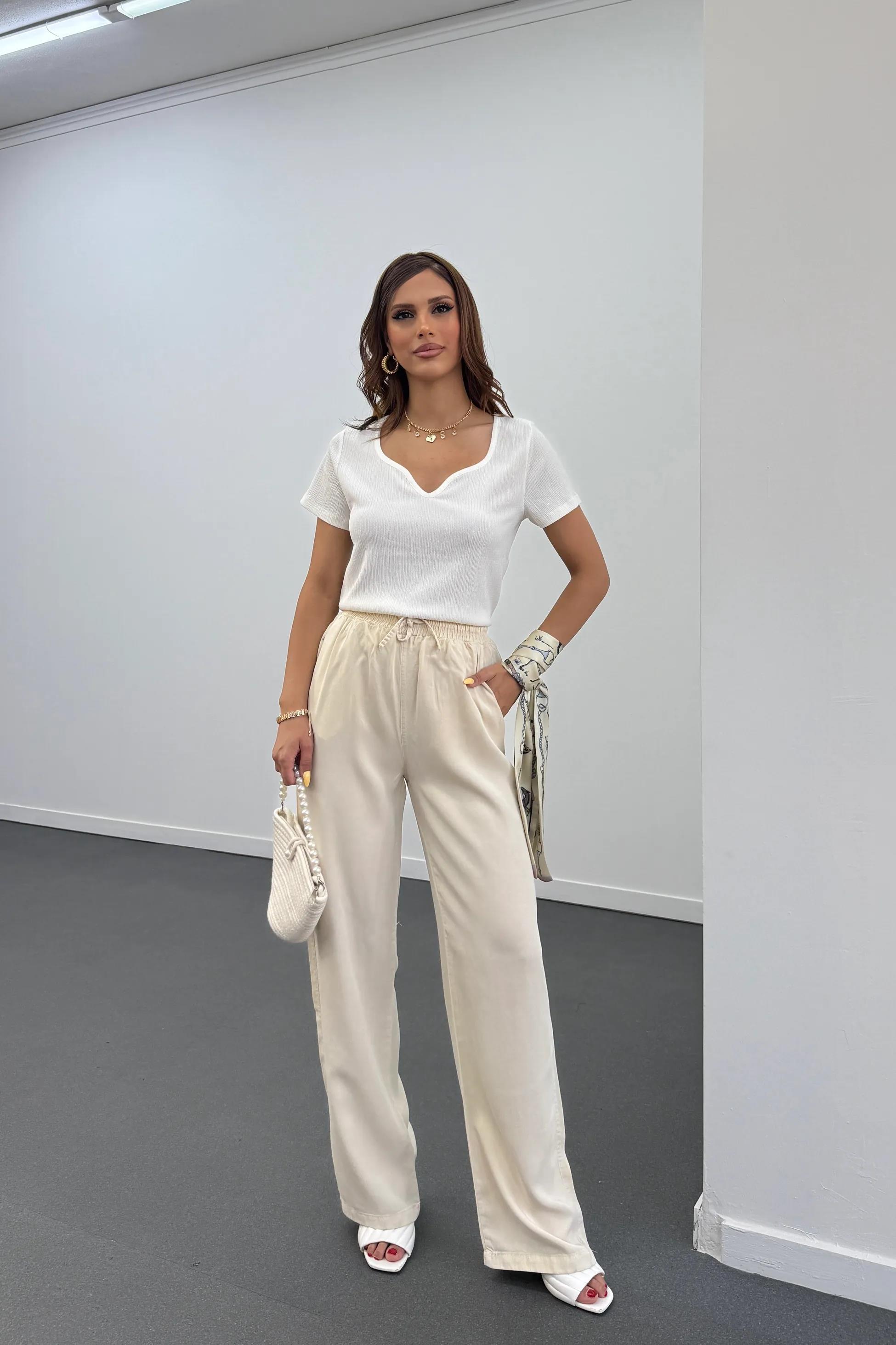 Sonya Krem Beli Lastikli Salaş Pantolon