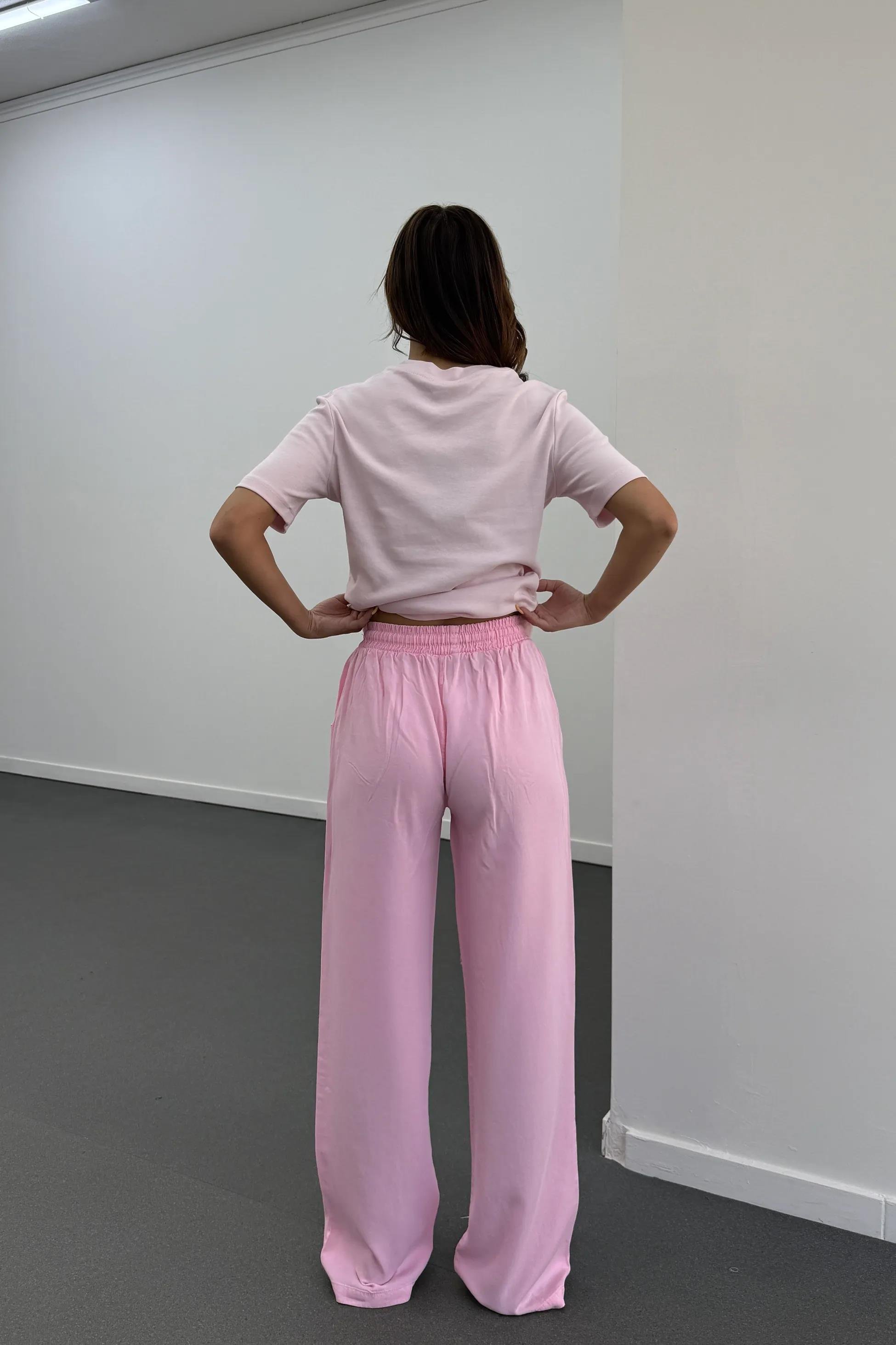 Sonya Pembe Beli Lastikli Salaş Pantolon