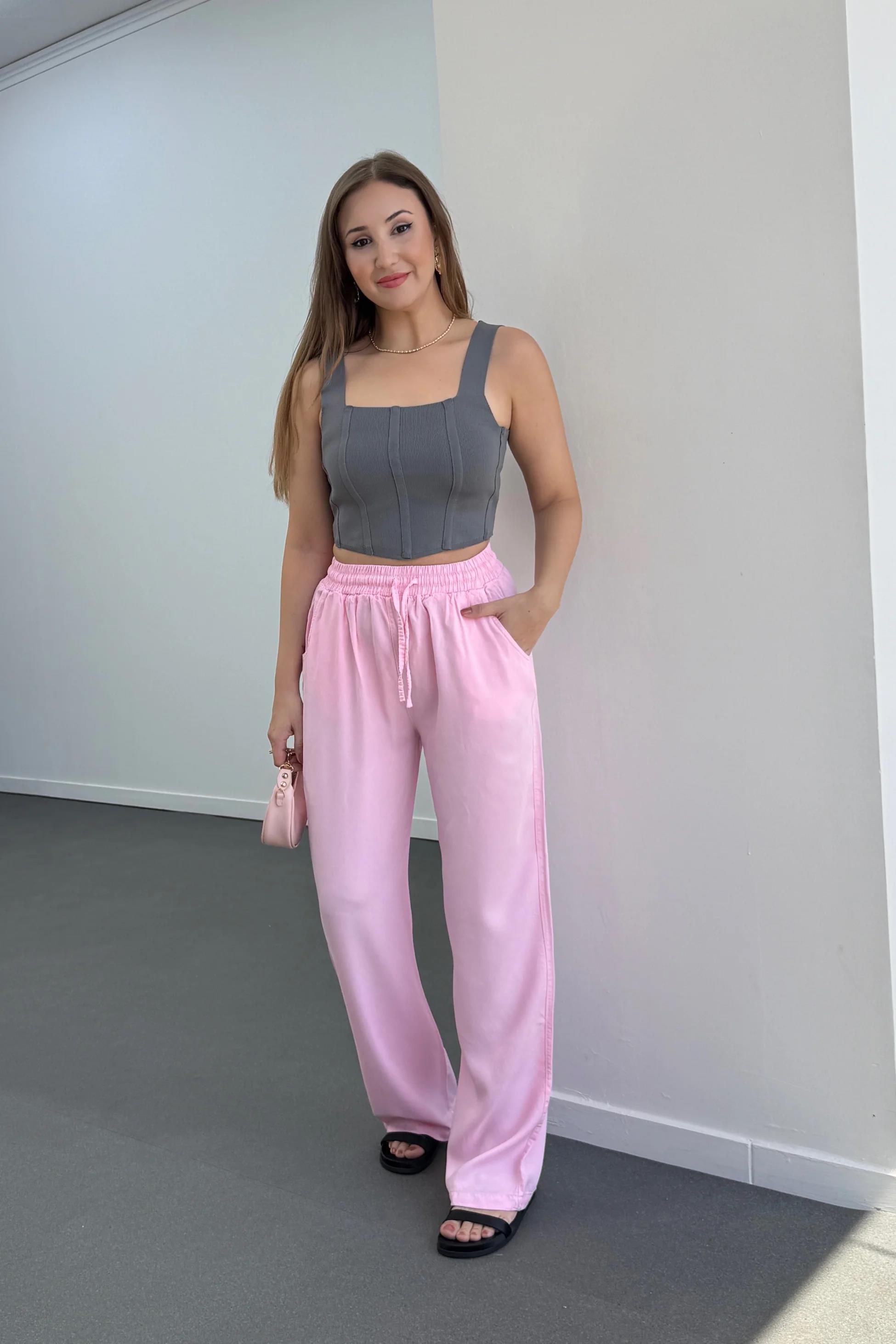 Sonya Pembe Beli Lastikli Salaş Pantolon