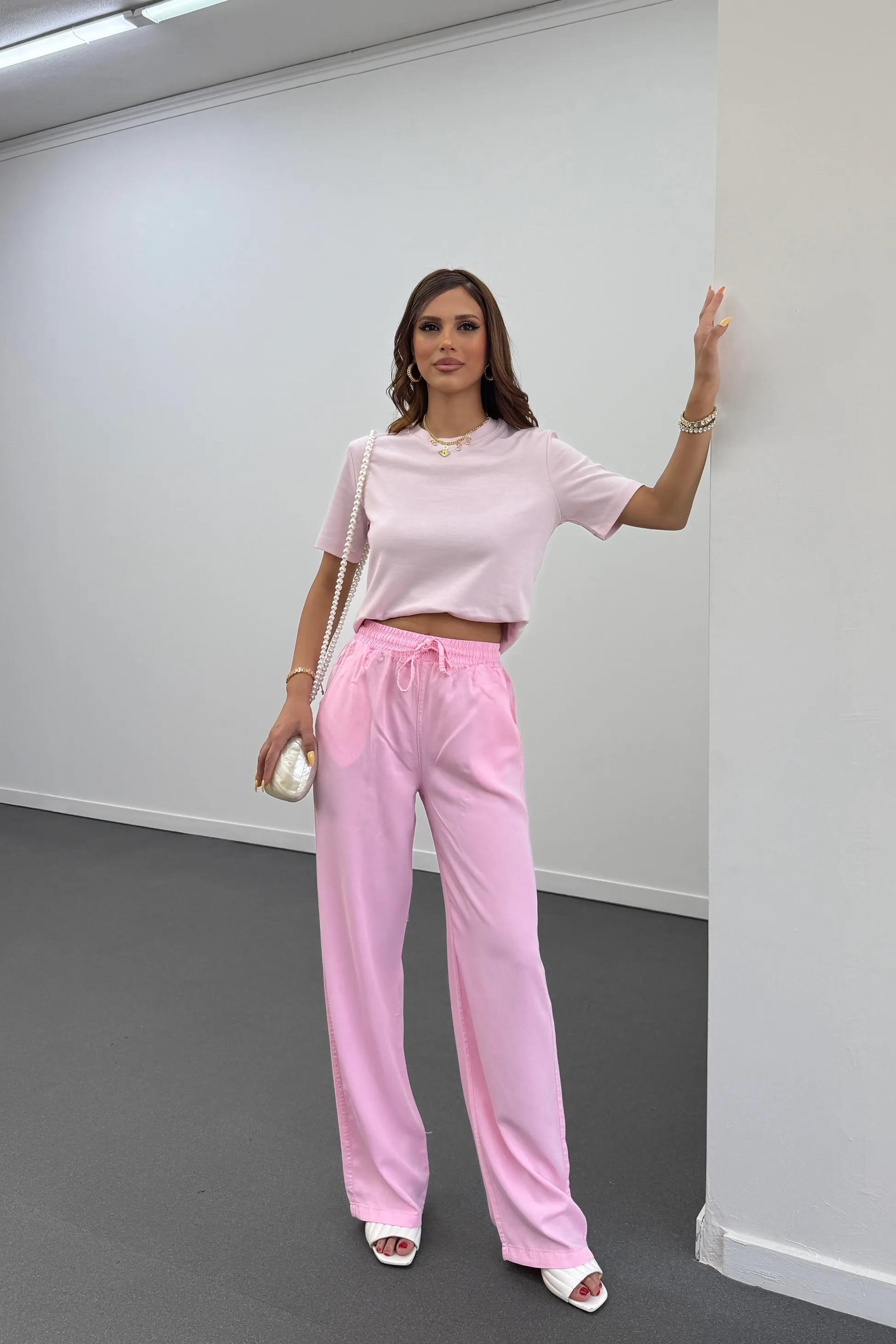 Sonya Pembe Beli Lastikli Salaş Pantolon