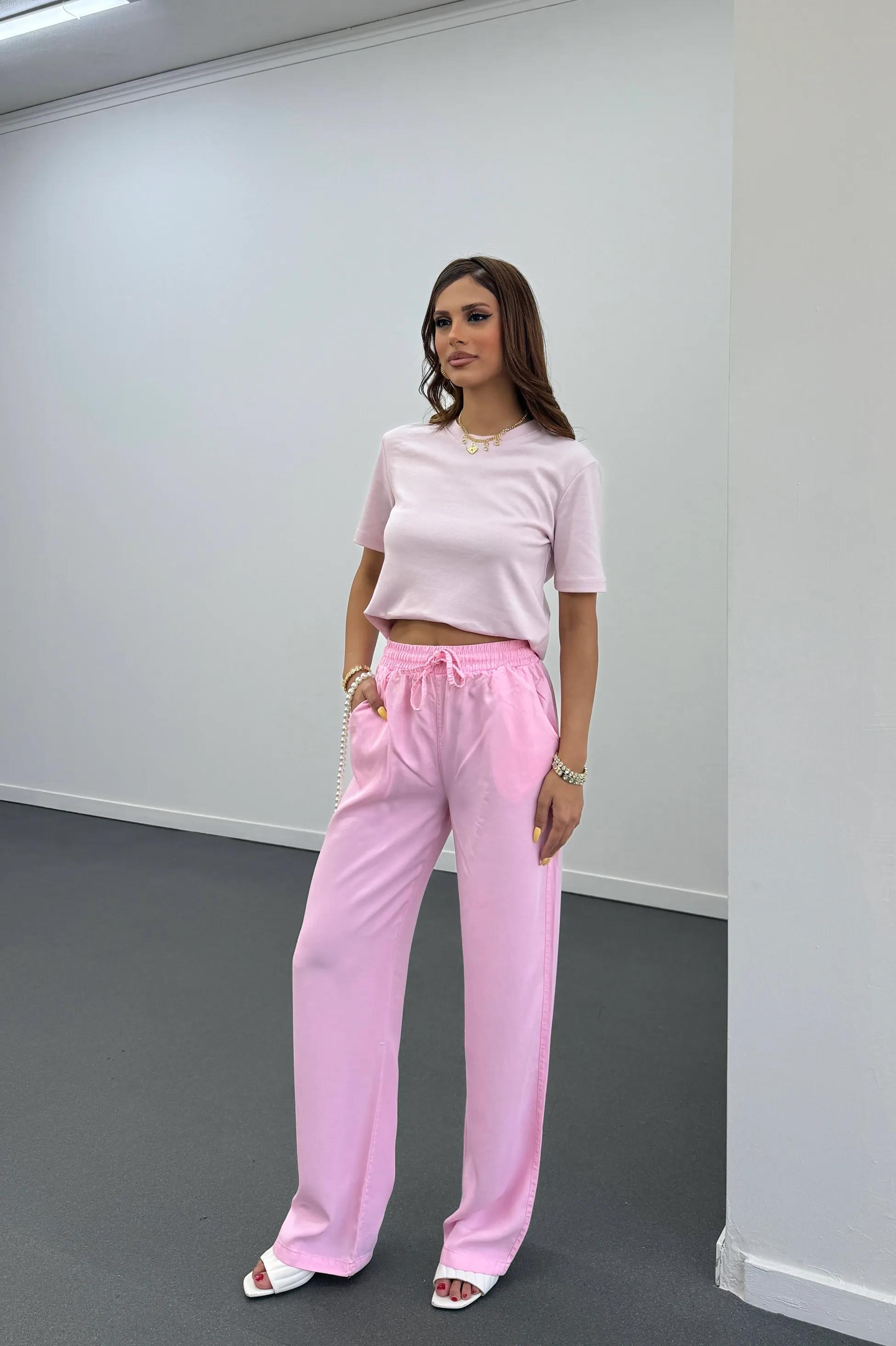 Sonya Pembe Beli Lastikli Salaş Pantolon
