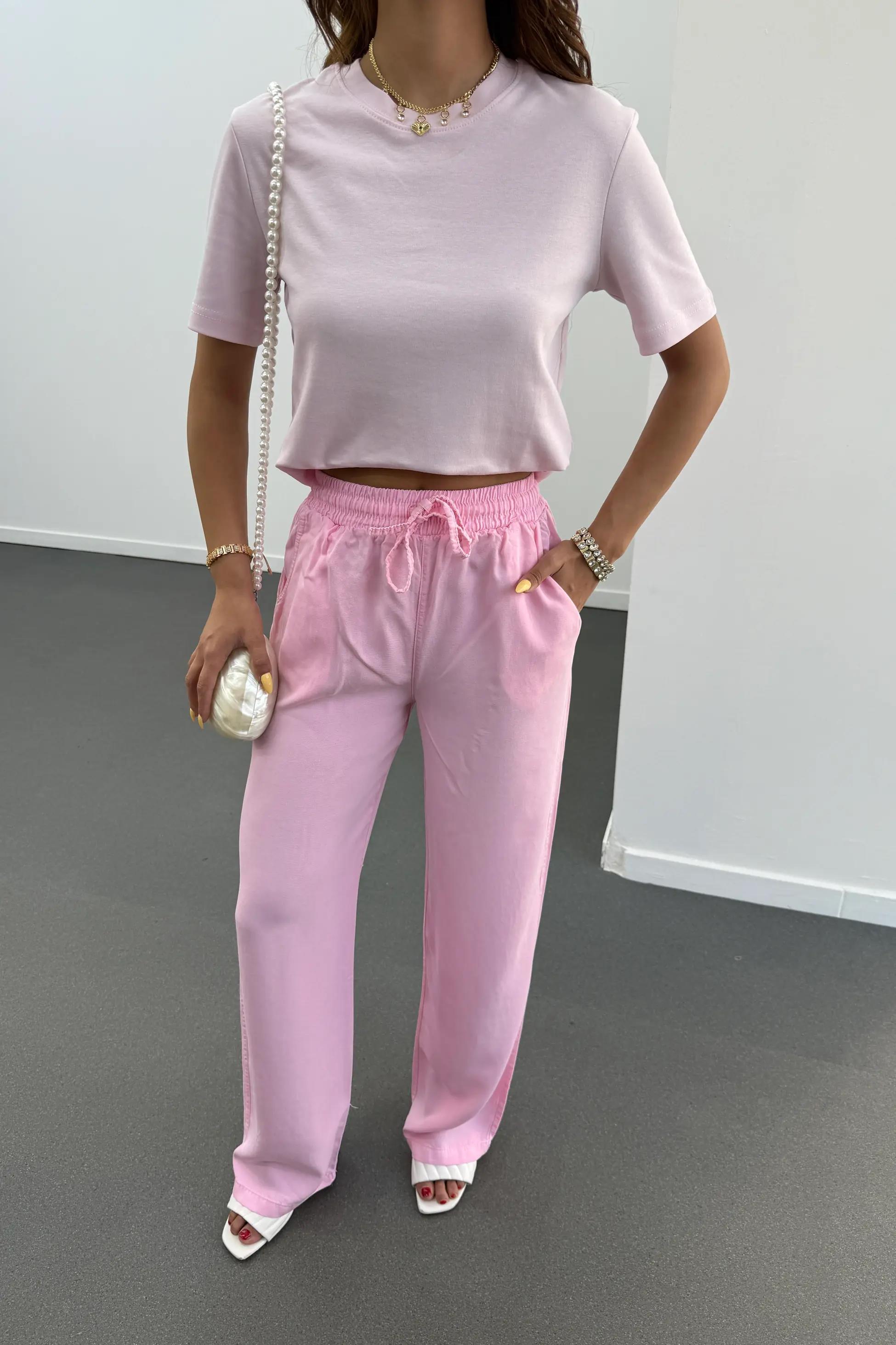 Sonya Pembe Beli Lastikli Salaş Pantolon