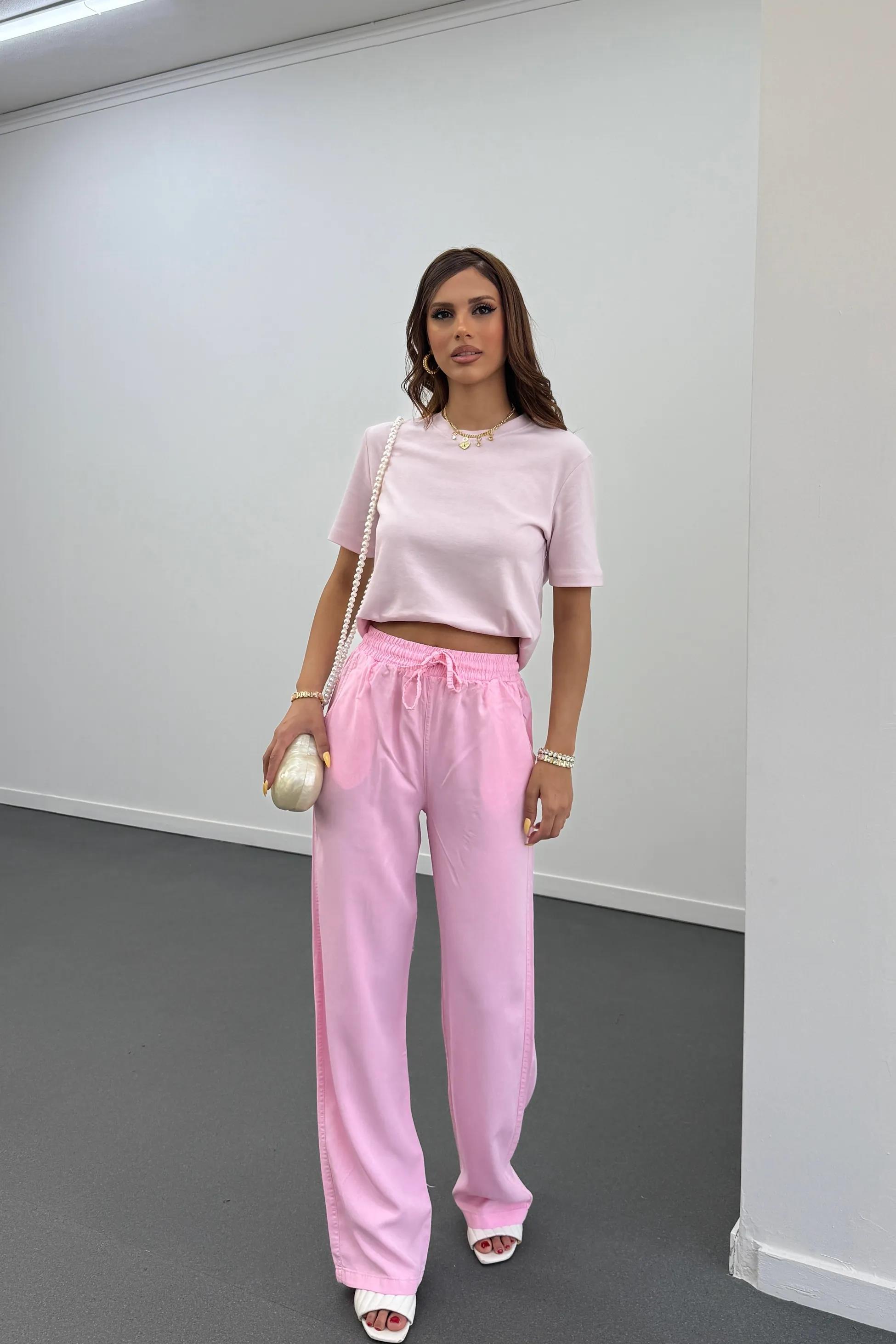 Sonya Pembe Beli Lastikli Salaş Pantolon