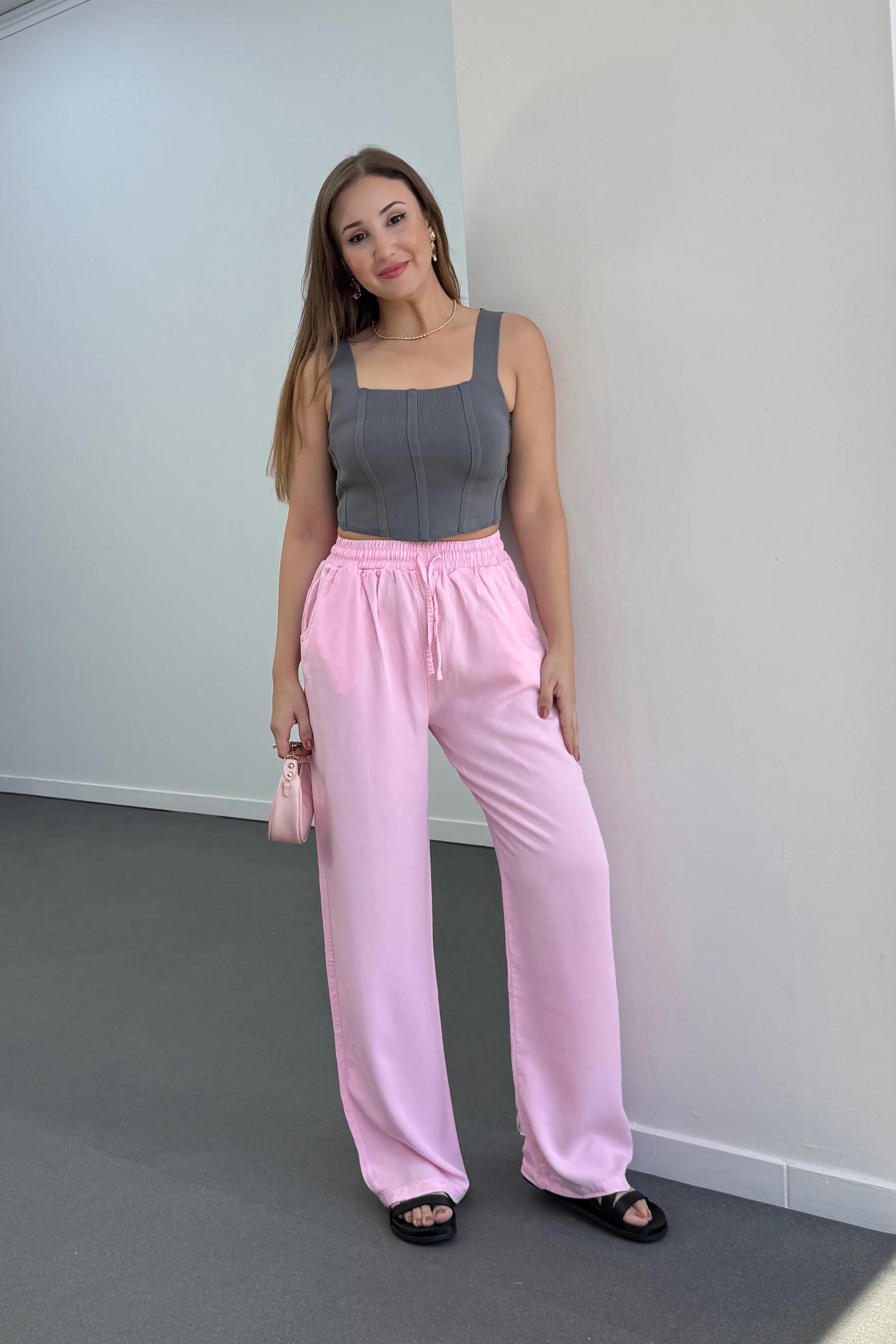 Sonya Pembe Beli Lastikli Salaş Pantolon