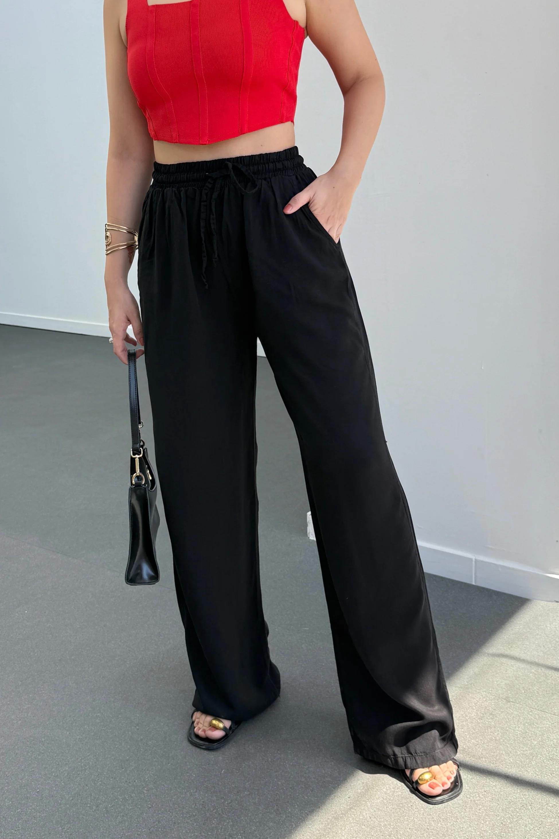 Sonya Siyah Beli Lastikli Salaş Pantolon