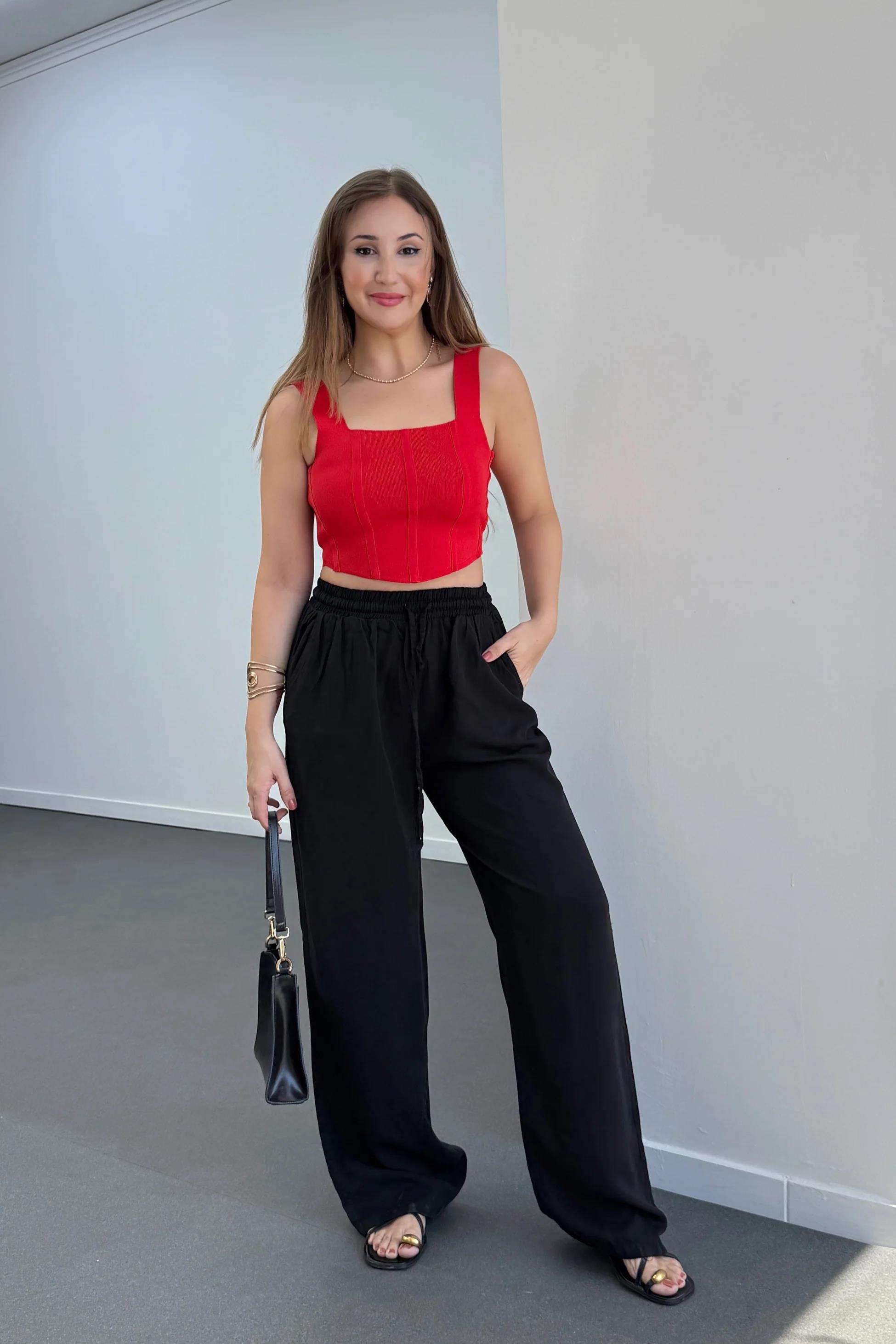 Sonya Siyah Beli Lastikli Salaş Pantolon