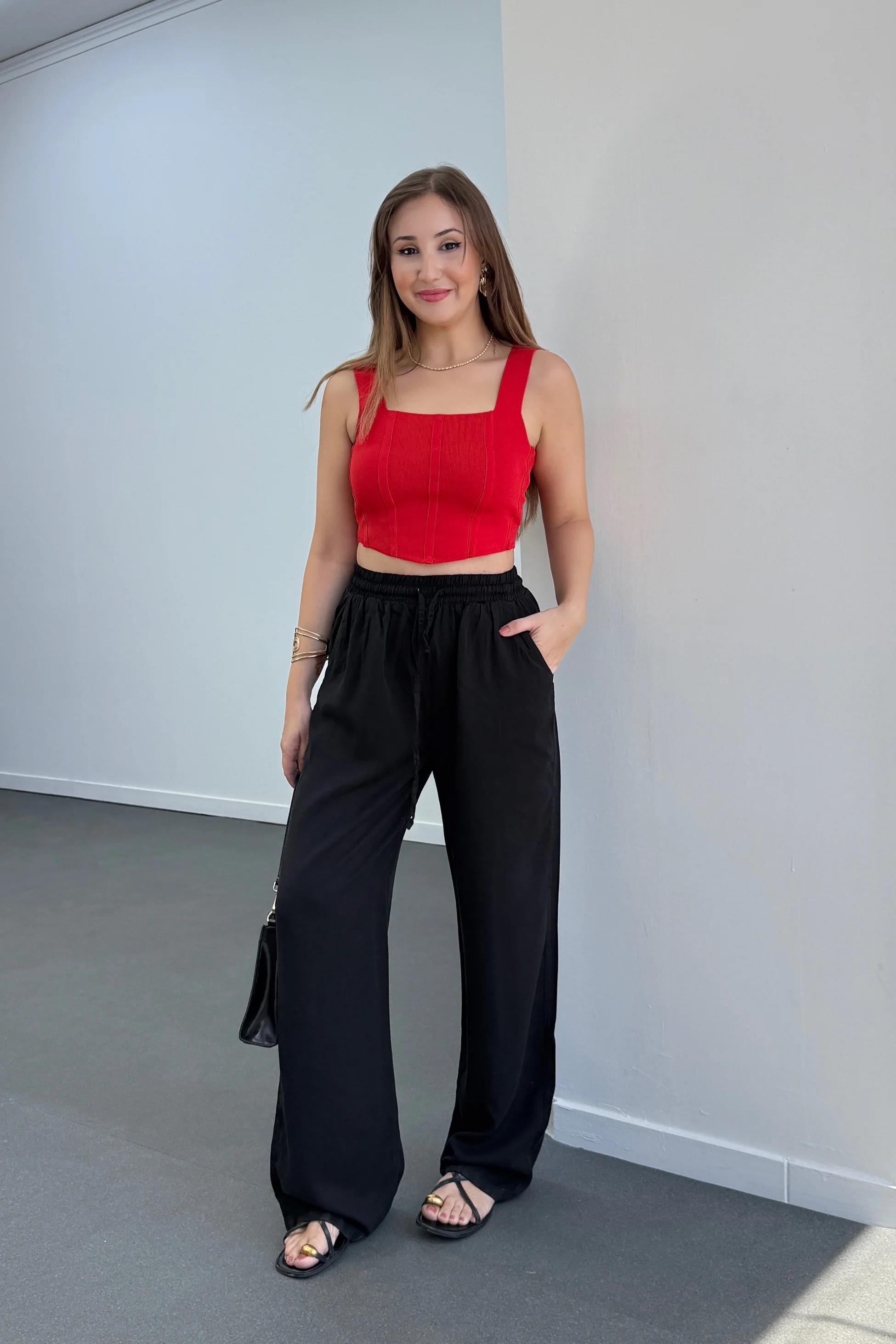 Sonya Siyah Beli Lastikli Salaş Pantolon