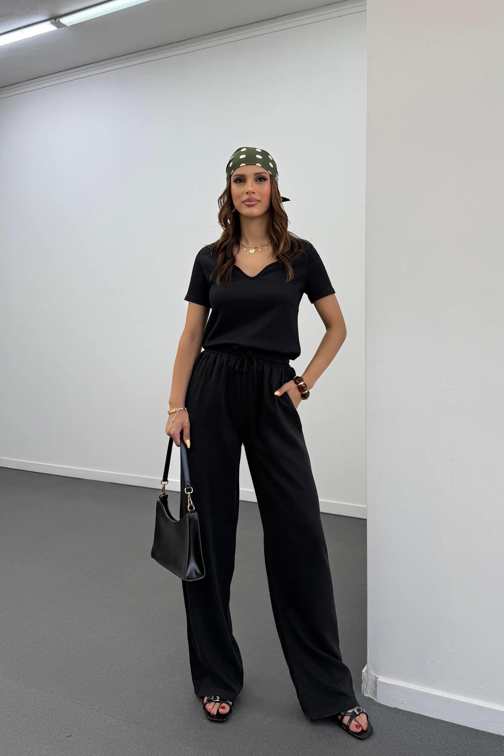 Sonya Siyah Beli Lastikli Salaş Pantolon