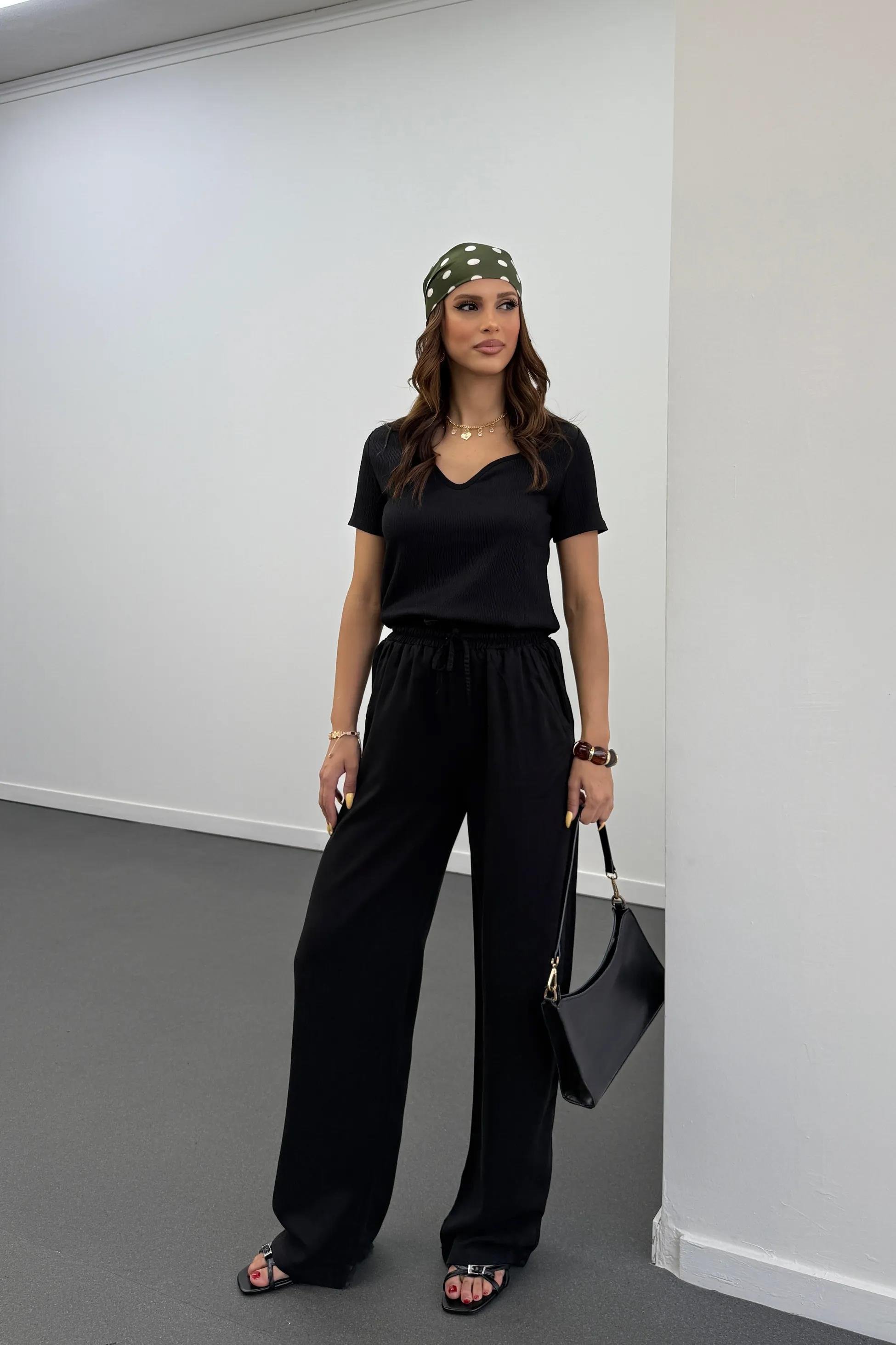 Sonya Siyah Beli Lastikli Salaş Pantolon