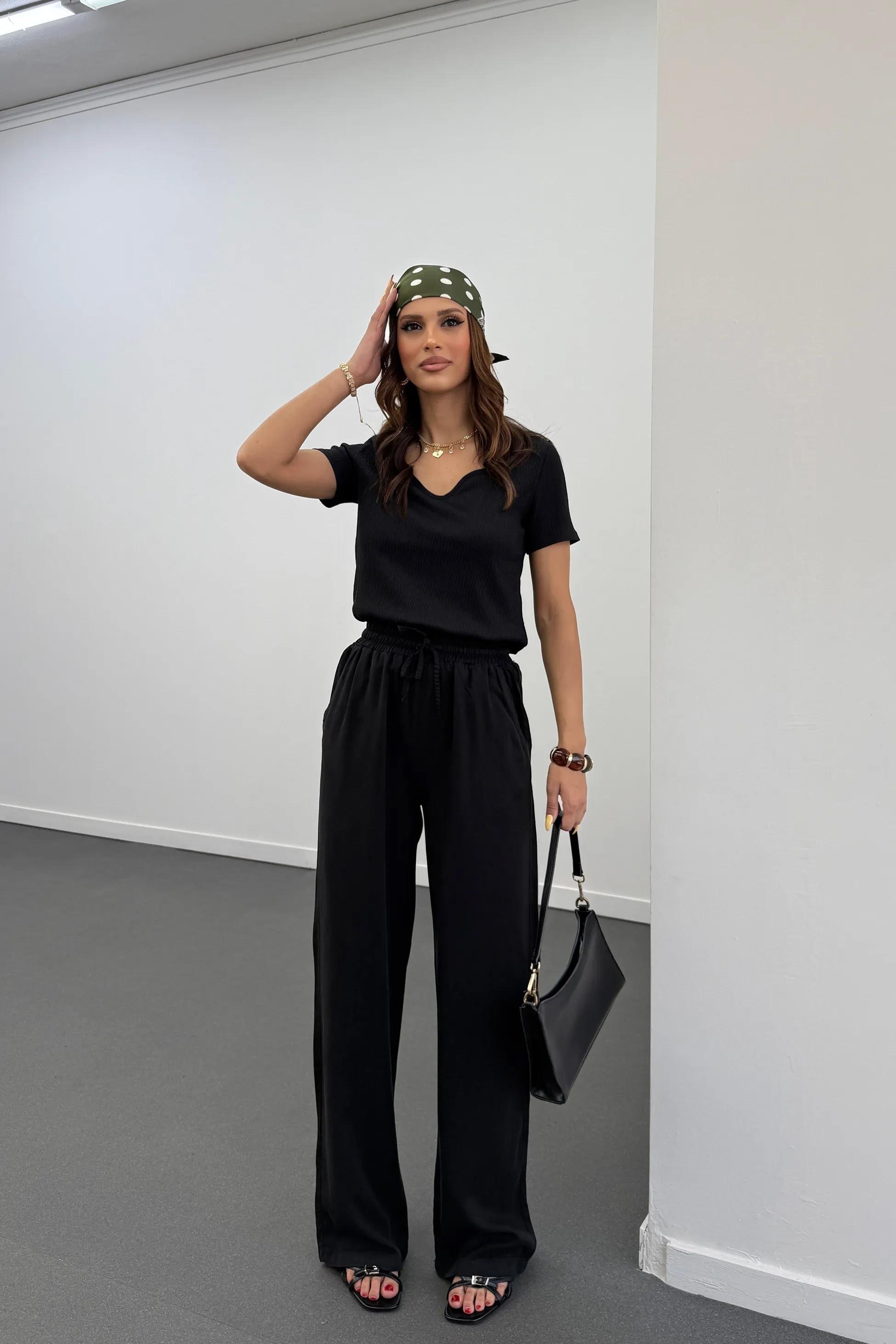 Sonya Siyah Beli Lastikli Salaş Pantolon