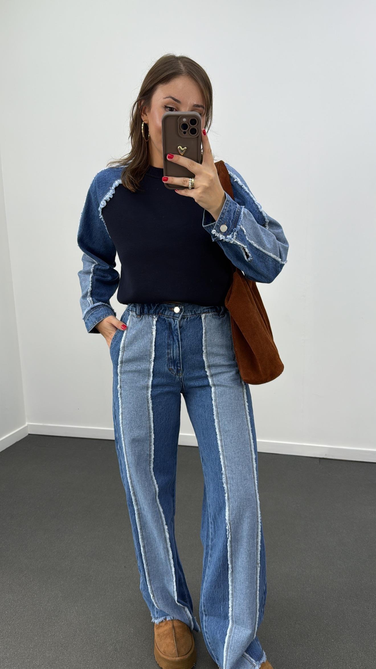 Soraya Lacivert Denim Mix Sweat Pantolon Takım