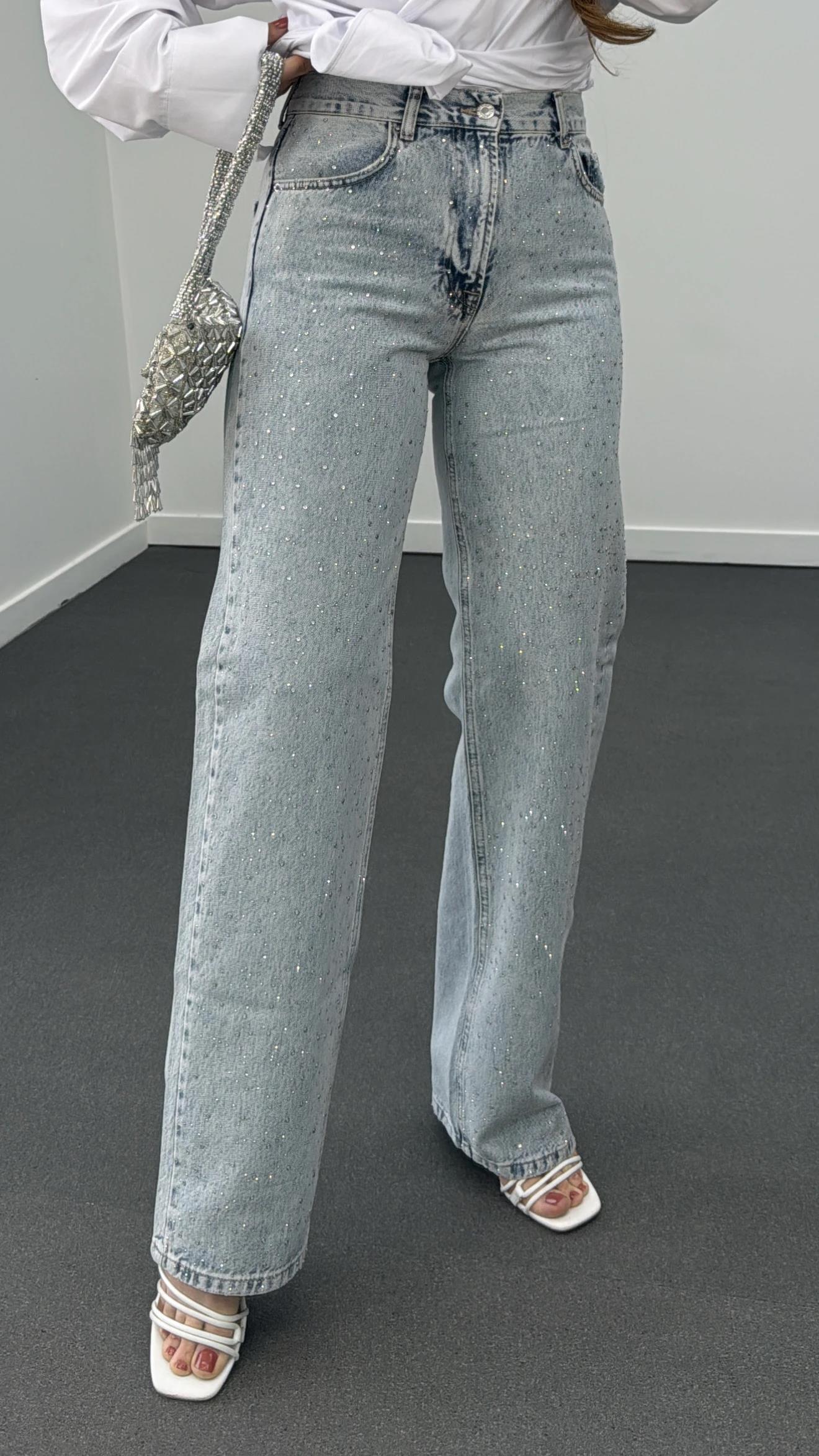 Star Yıkamalı Kot Taş Aksesuarlı Loose Fit Jeans