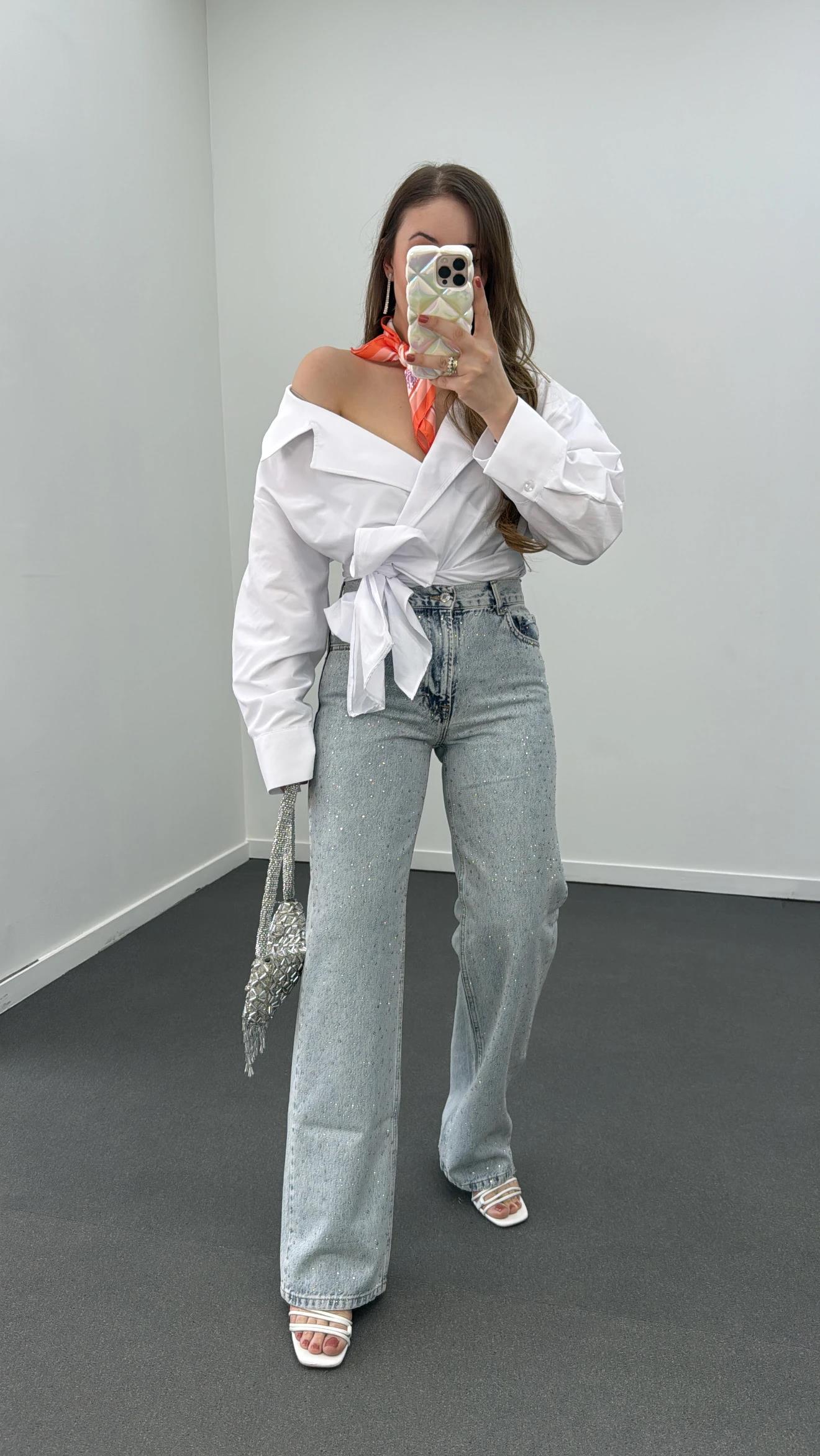 Star Yıkamalı Kot Taş Aksesuarlı Loose Fit Jeans