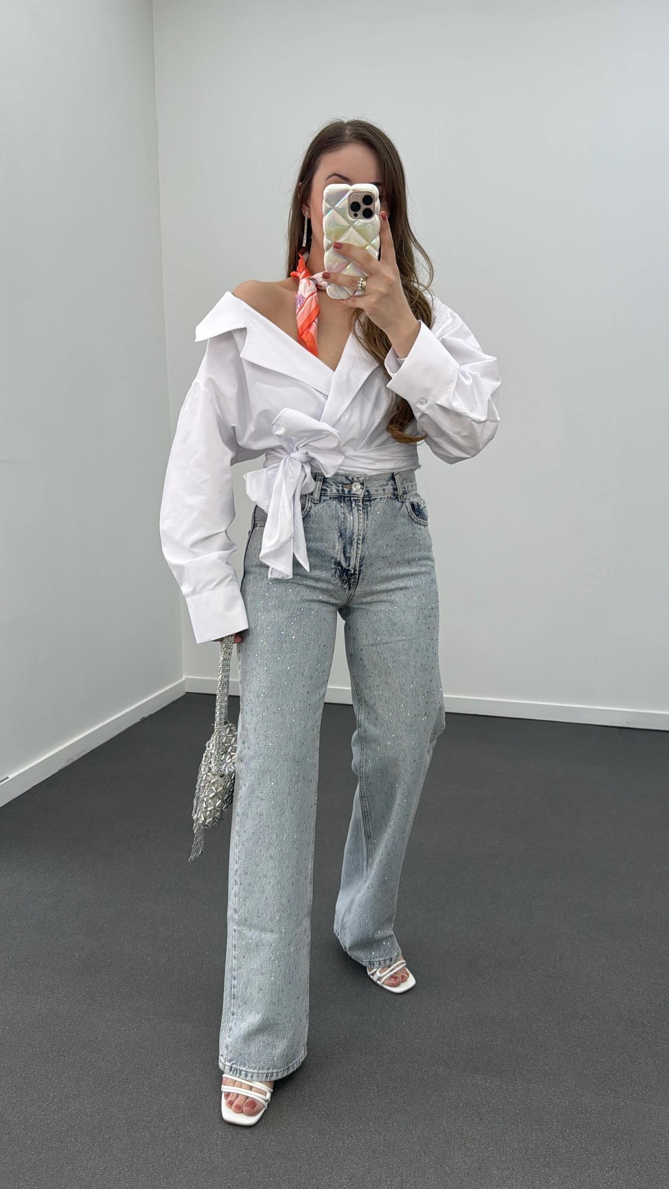 Star Yıkamalı Kot Taş Aksesuarlı Loose Fit Jeans