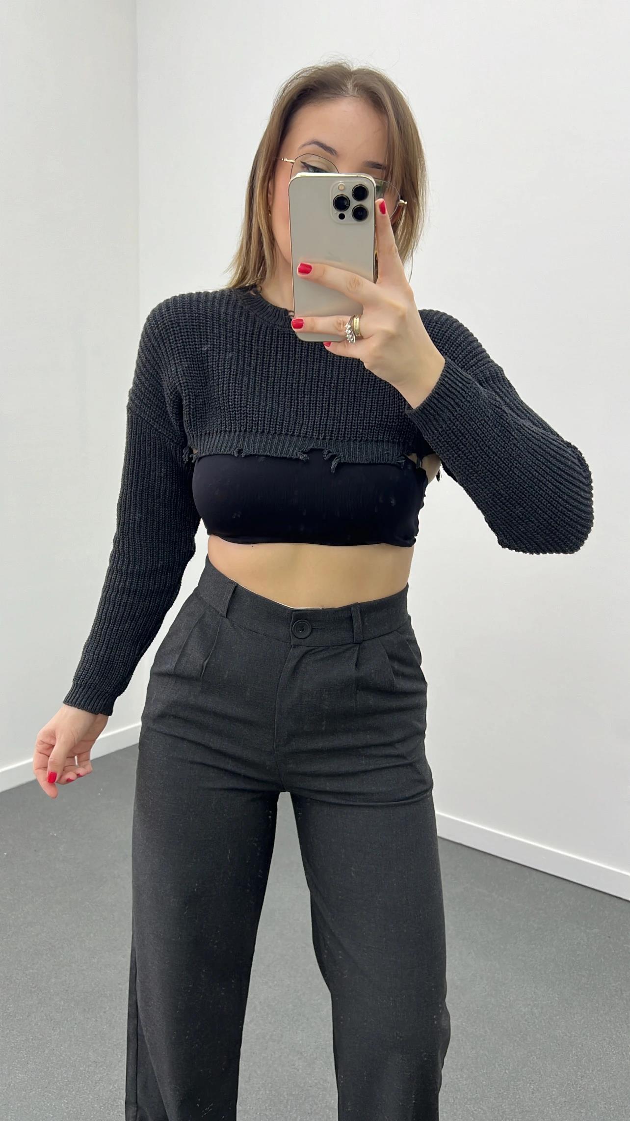 Stradi Antrasit Renk Crop Triko