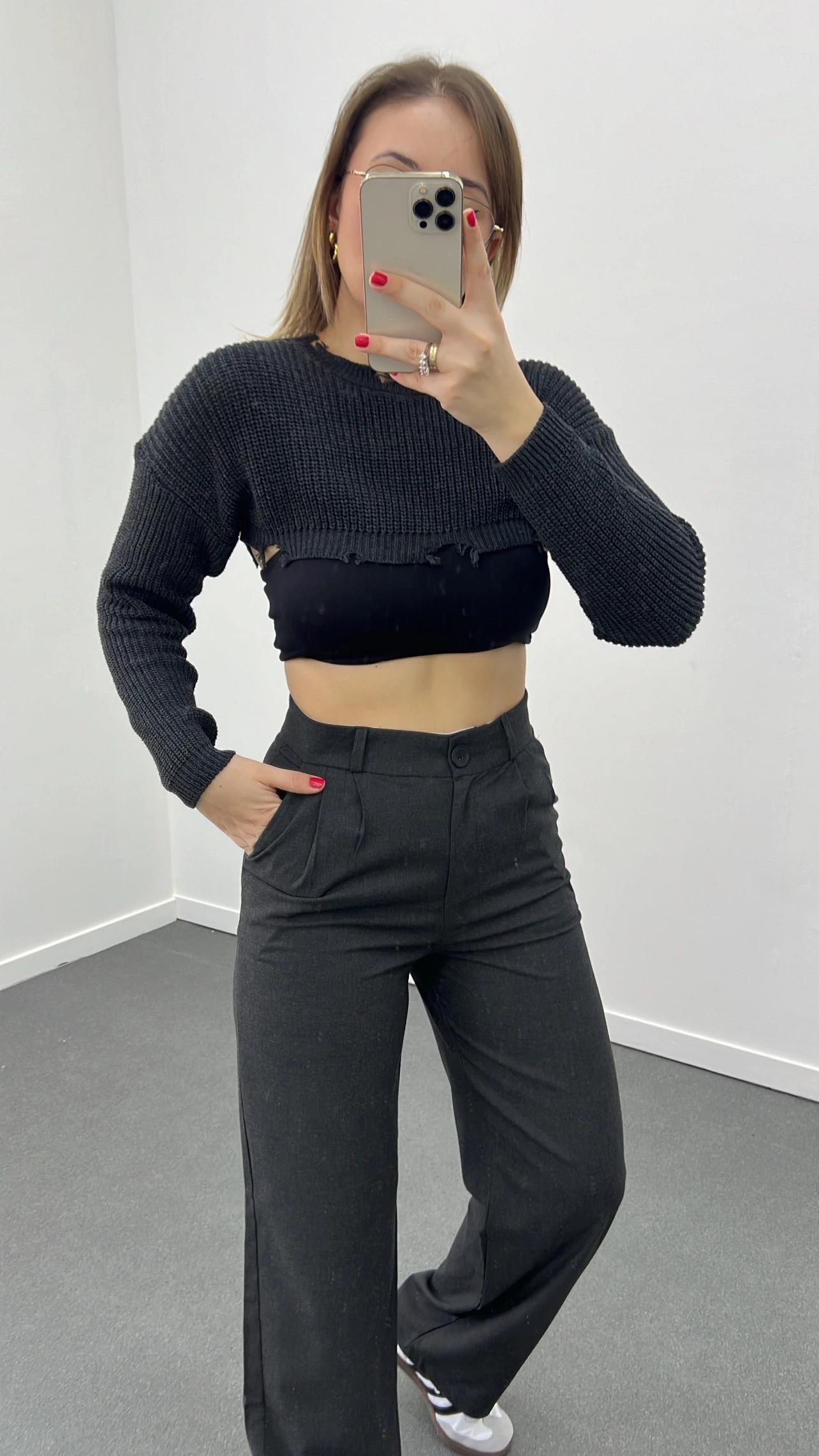 Stradi Antrasit Renk Crop Triko