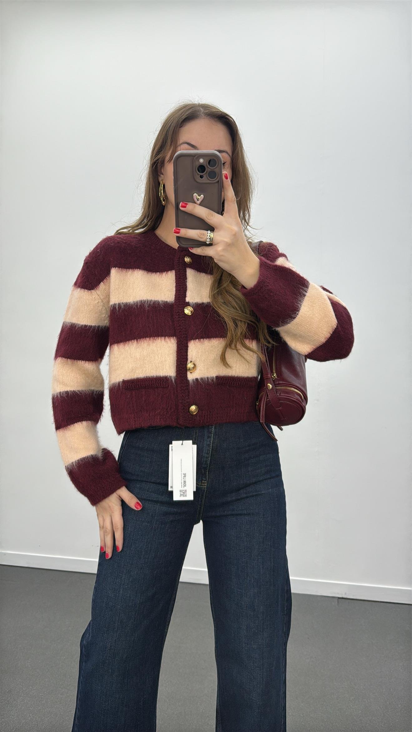 Suare Bordo  Bej Çizgili Gold Düğmeli Premium Hırka