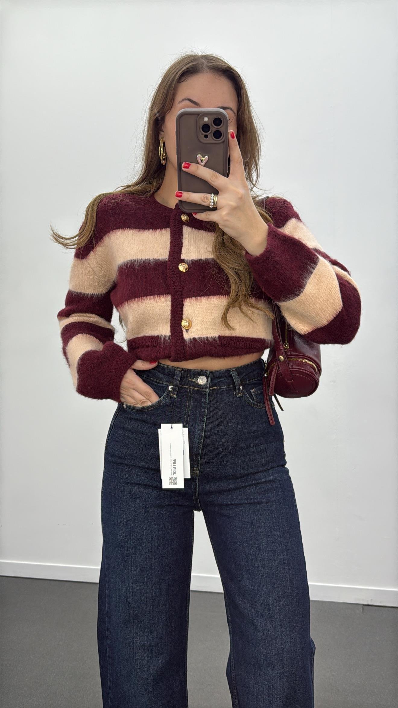 Suare Bordo  Bej Çizgili Gold Düğmeli Premium Hırka