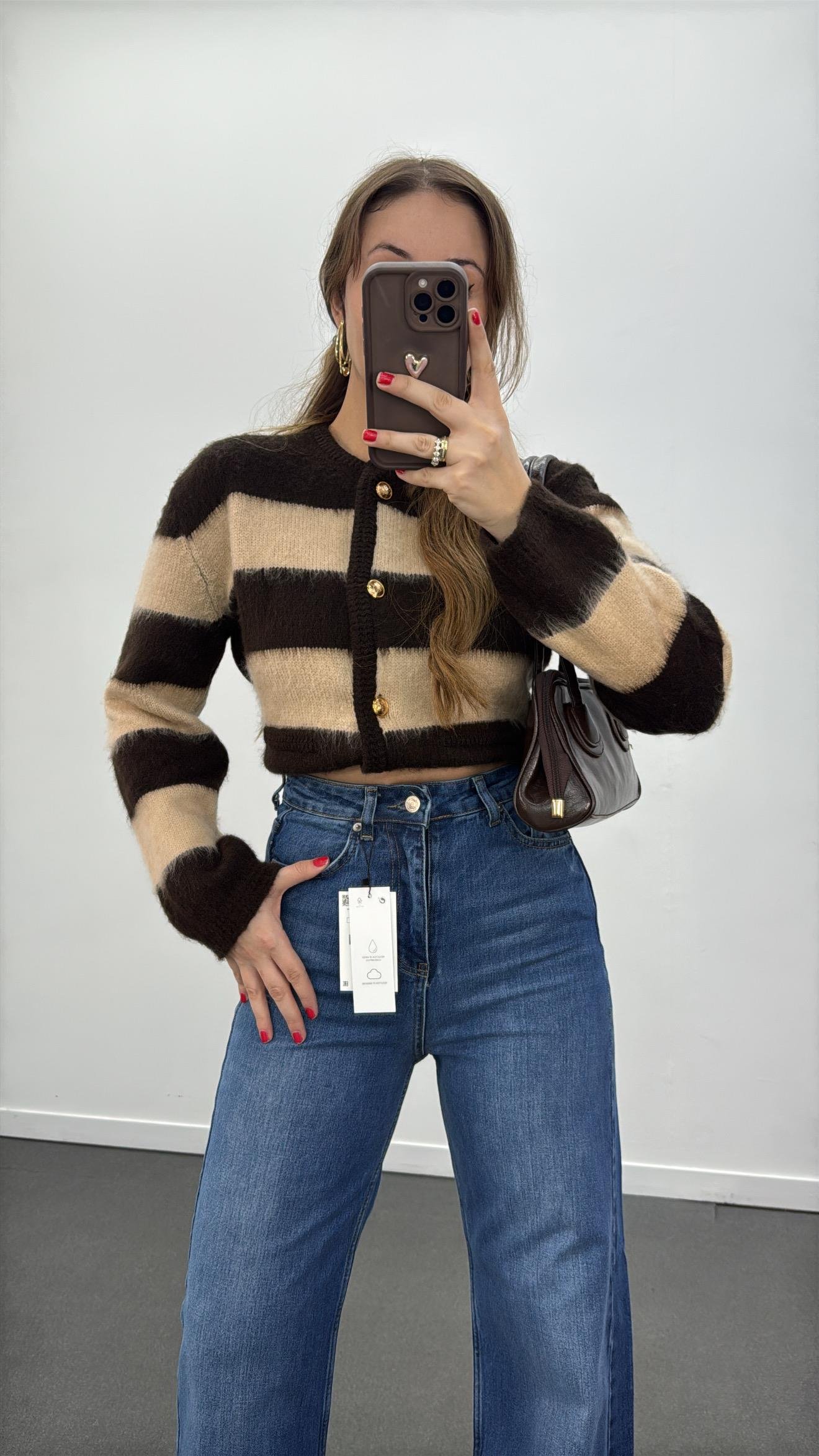 Suare Kahve Bej Çizgili Gold Düğmeli Premium Hırka