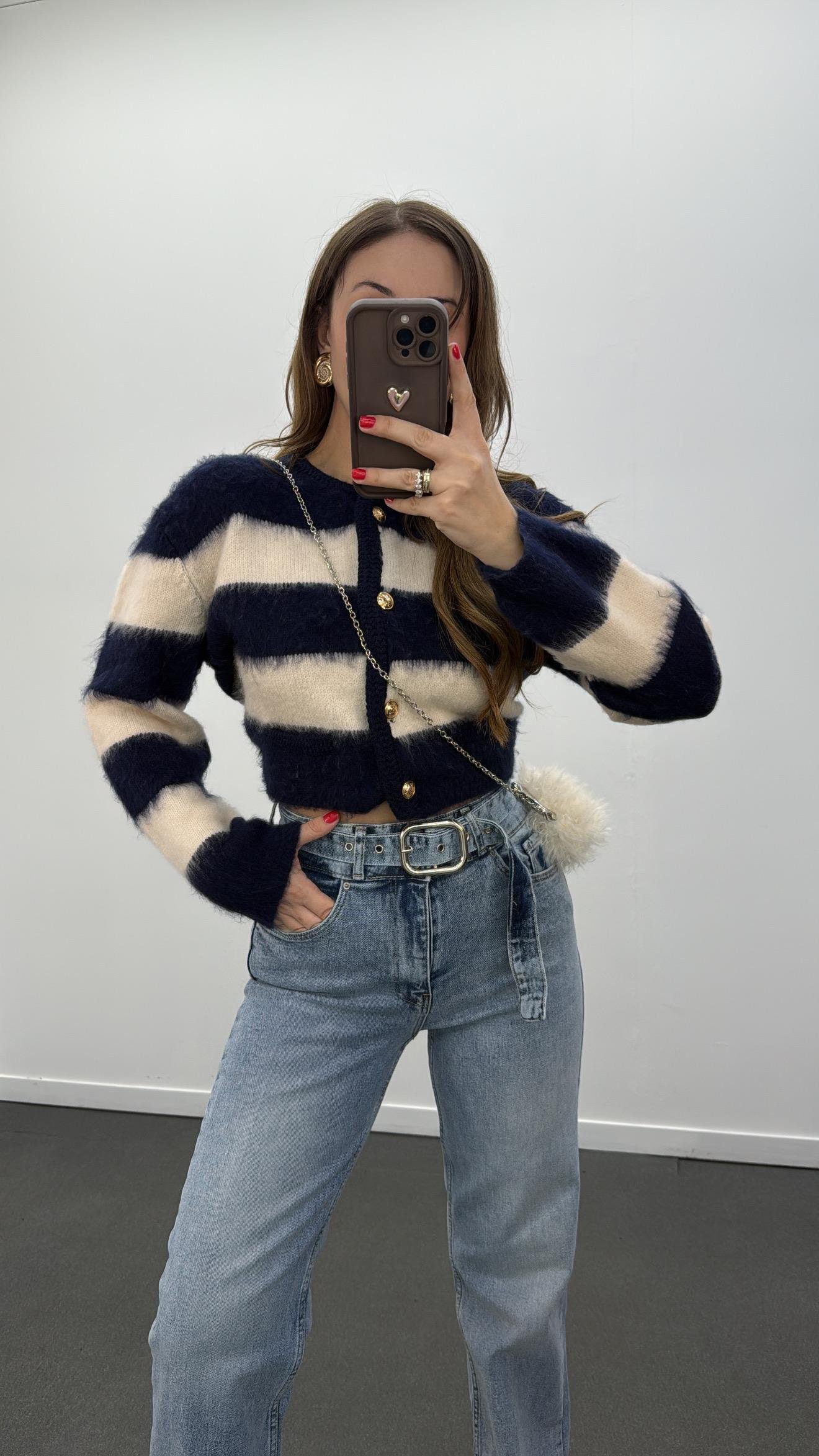 Suare Lacivert Bej Çizgili Gold Düğmeli Premium Hırka