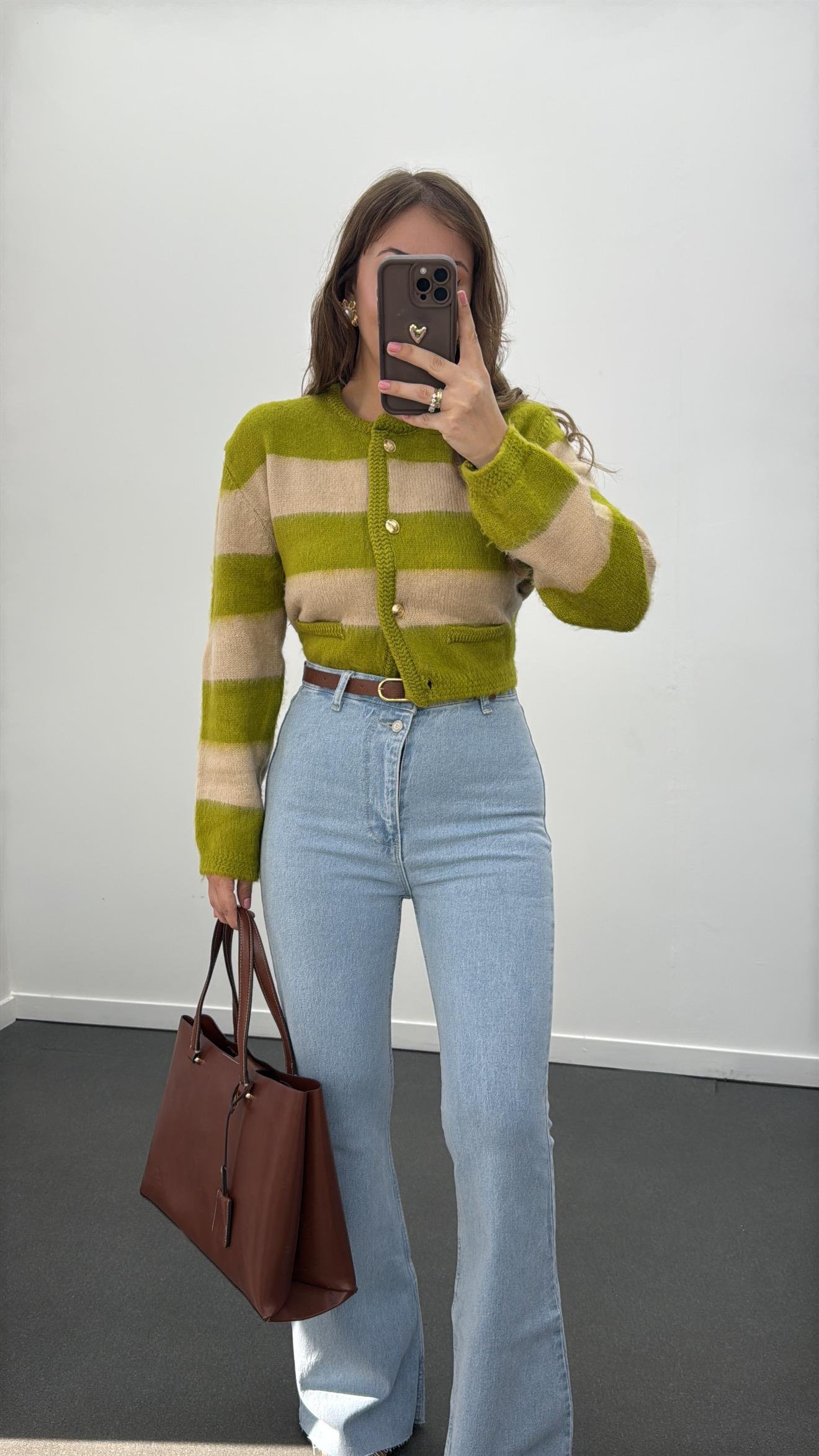 Suare Yeşil Bej Çizgili Gold Düğmeli Premium Hırka