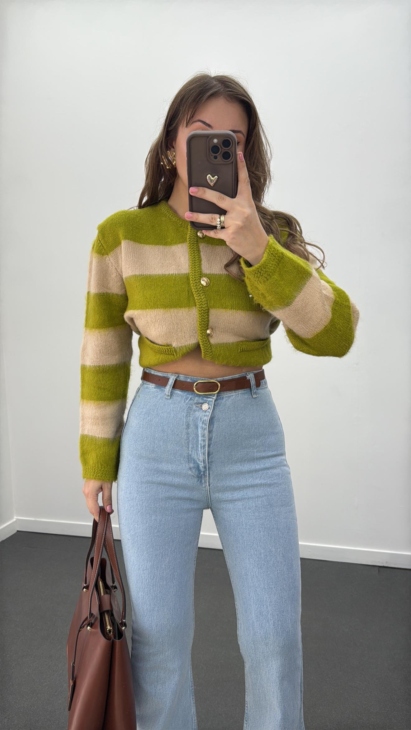 Suare Yeşil Bej Çizgili Gold Düğmeli Premium Hırka