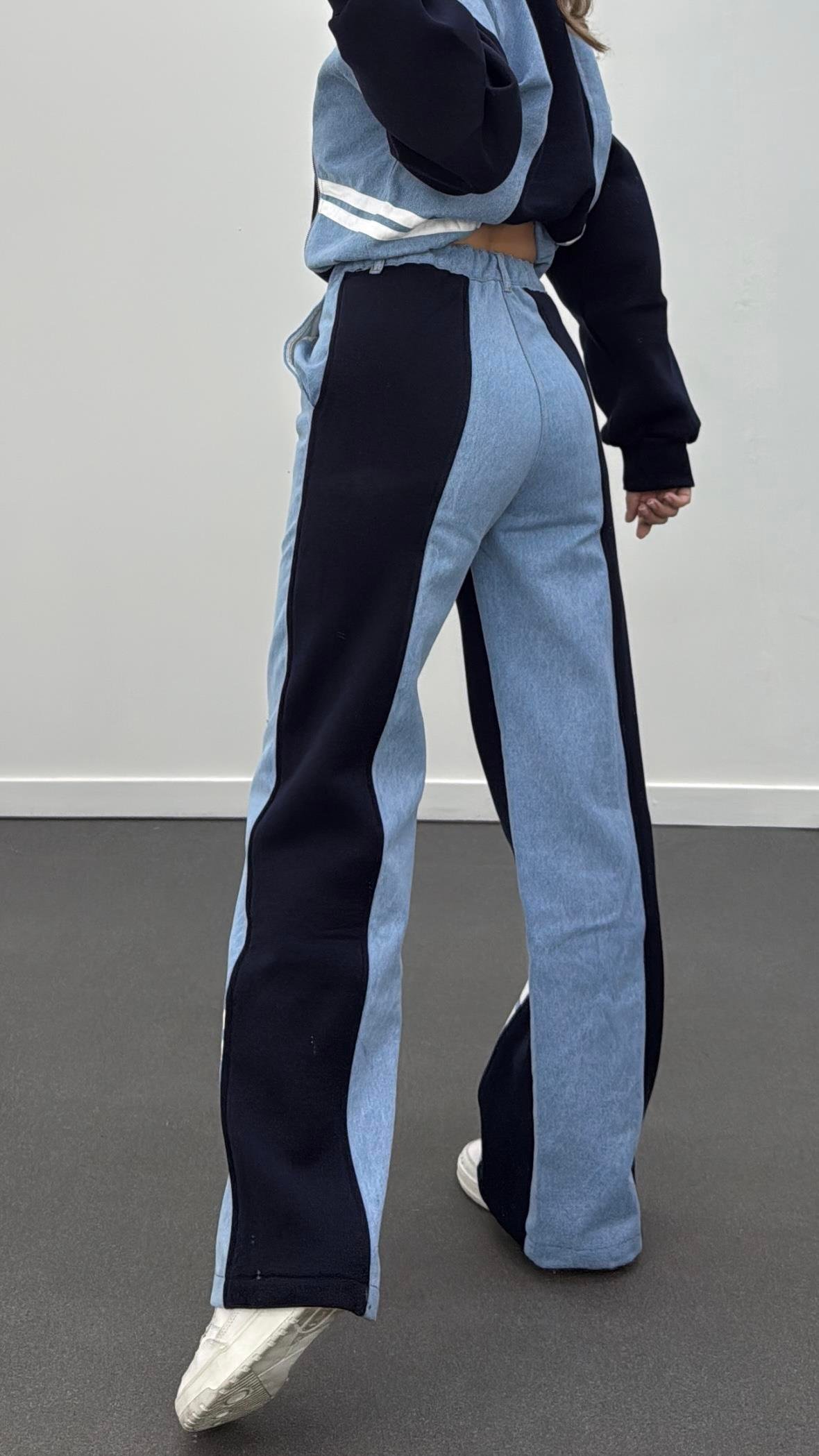 Sudelya Lacivert Denim Mix Fermuar Sweat Pantolon Takım
