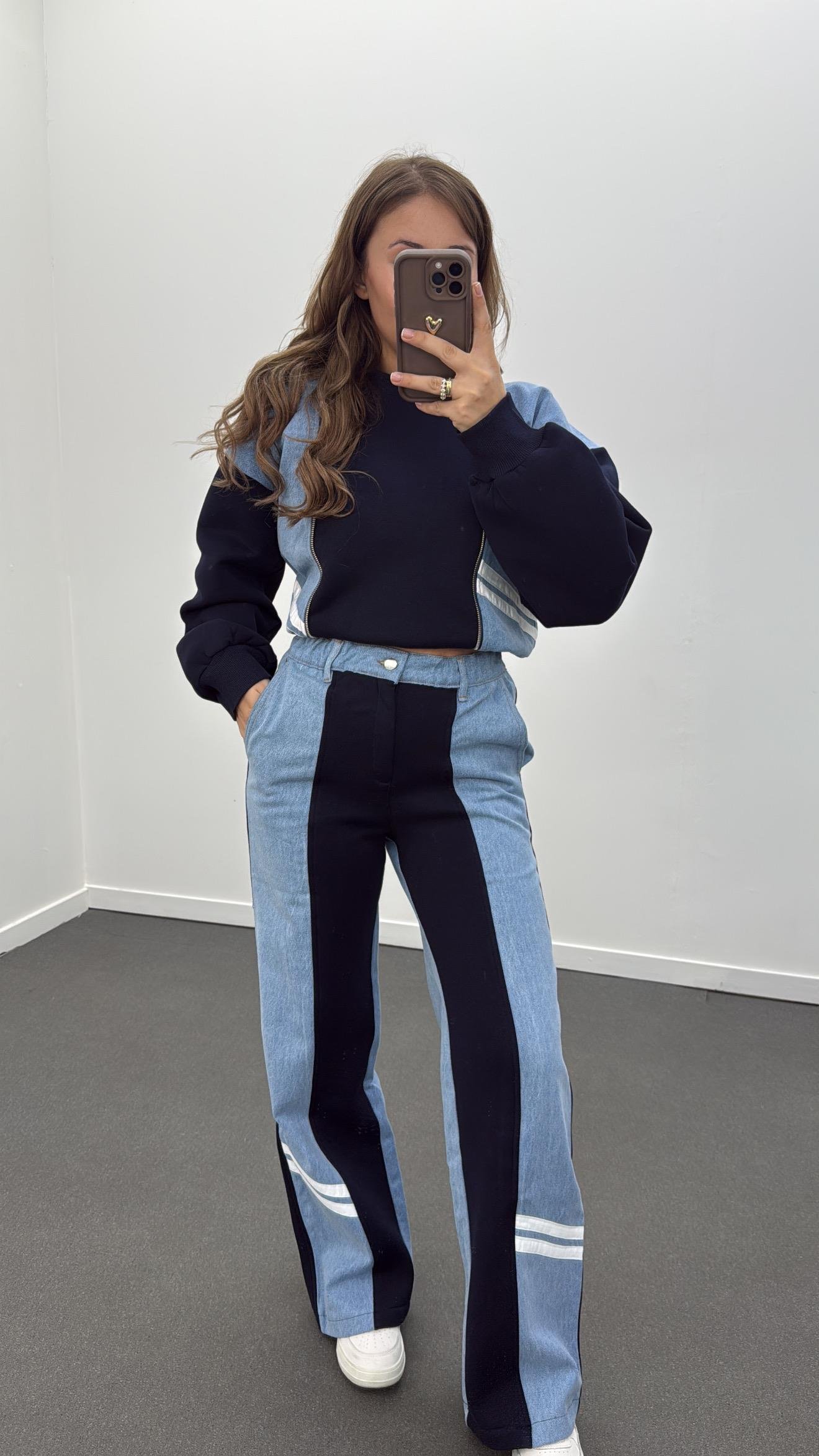 Sudelya Lacivert Denim Mix Fermuar Sweat Pantolon Takım