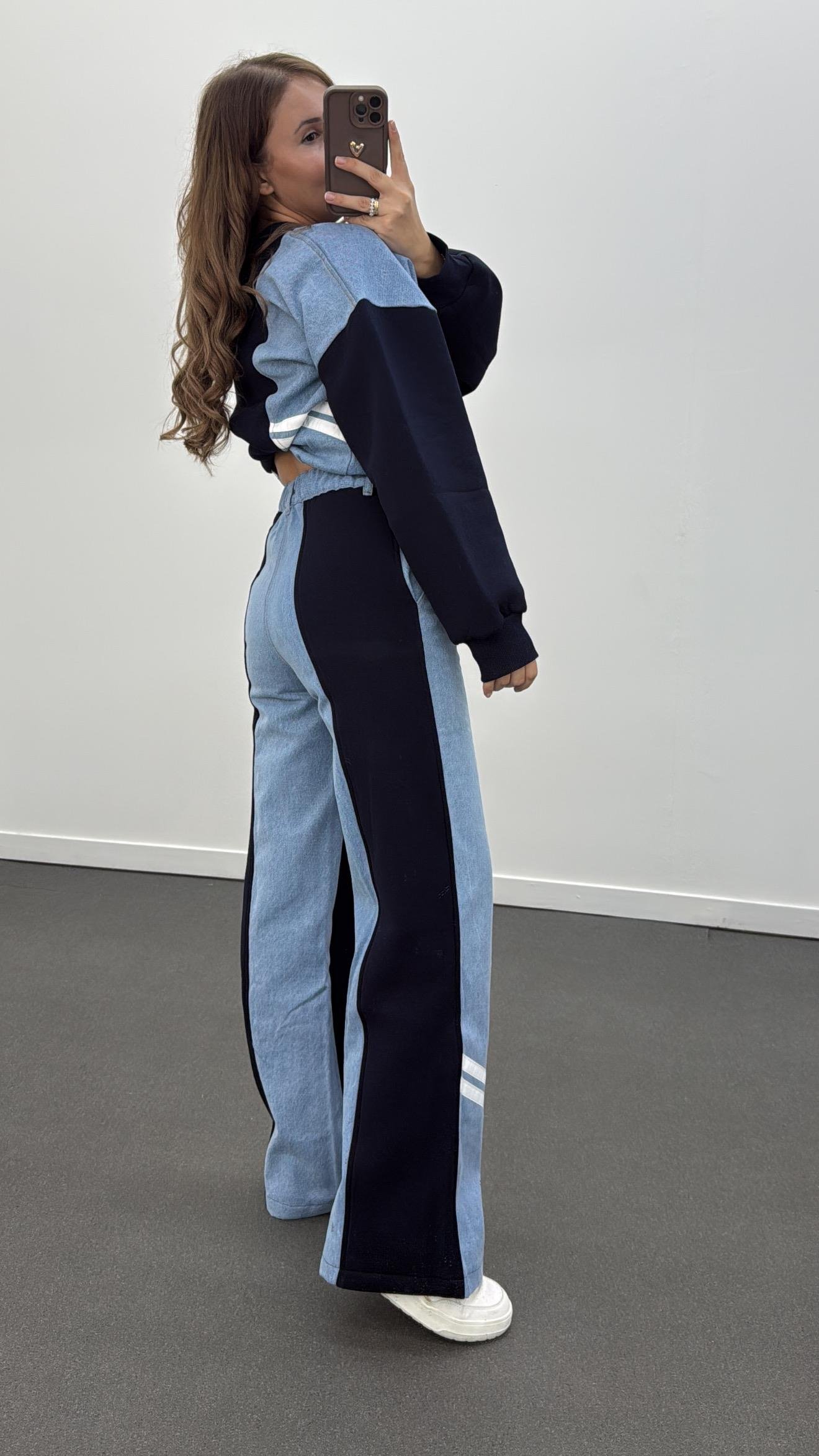 Sudelya Lacivert Denim Mix Fermuar Sweat Pantolon Takım