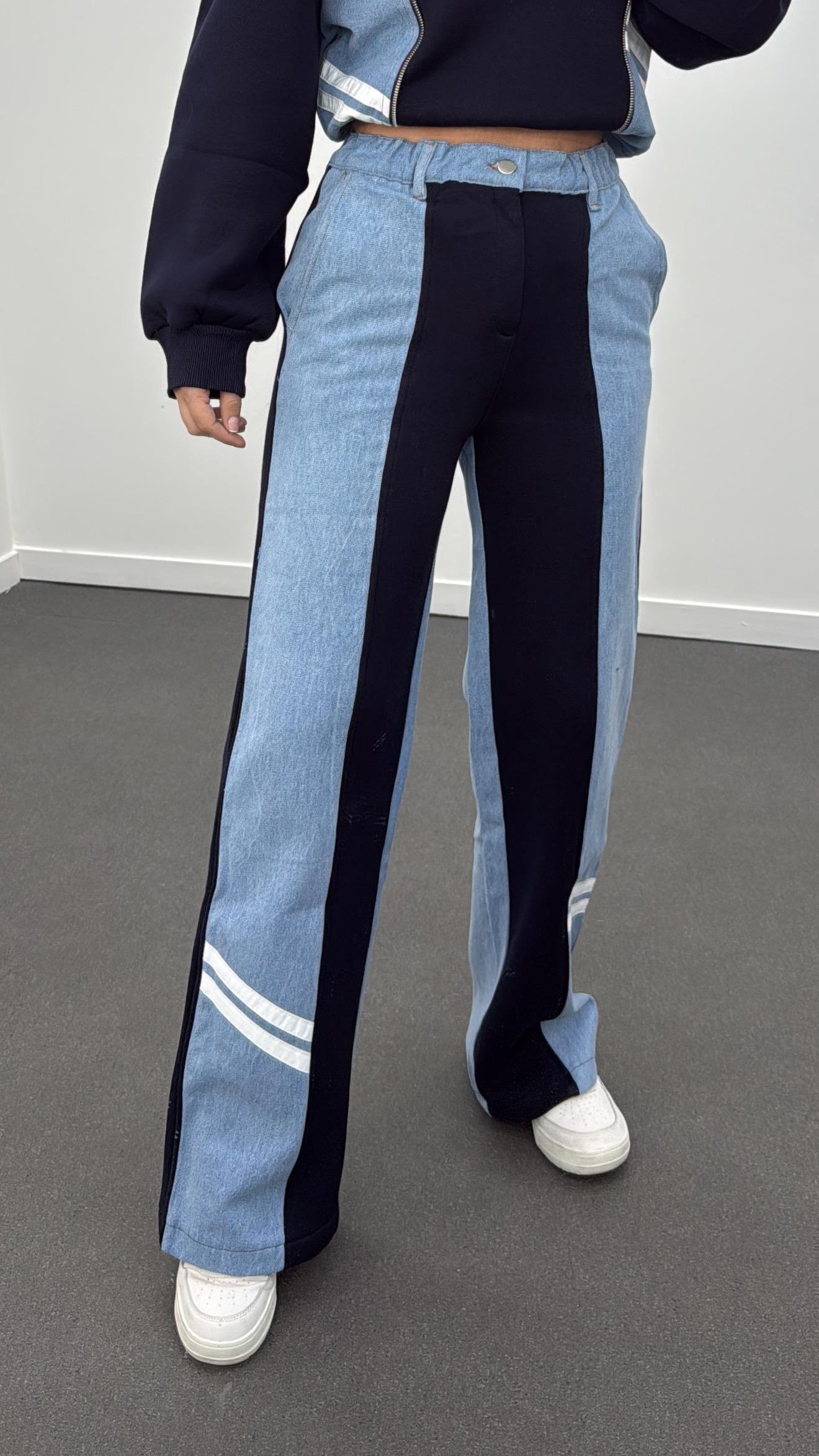 Sudelya Lacivert Denim Mix Fermuar Sweat Pantolon Takım