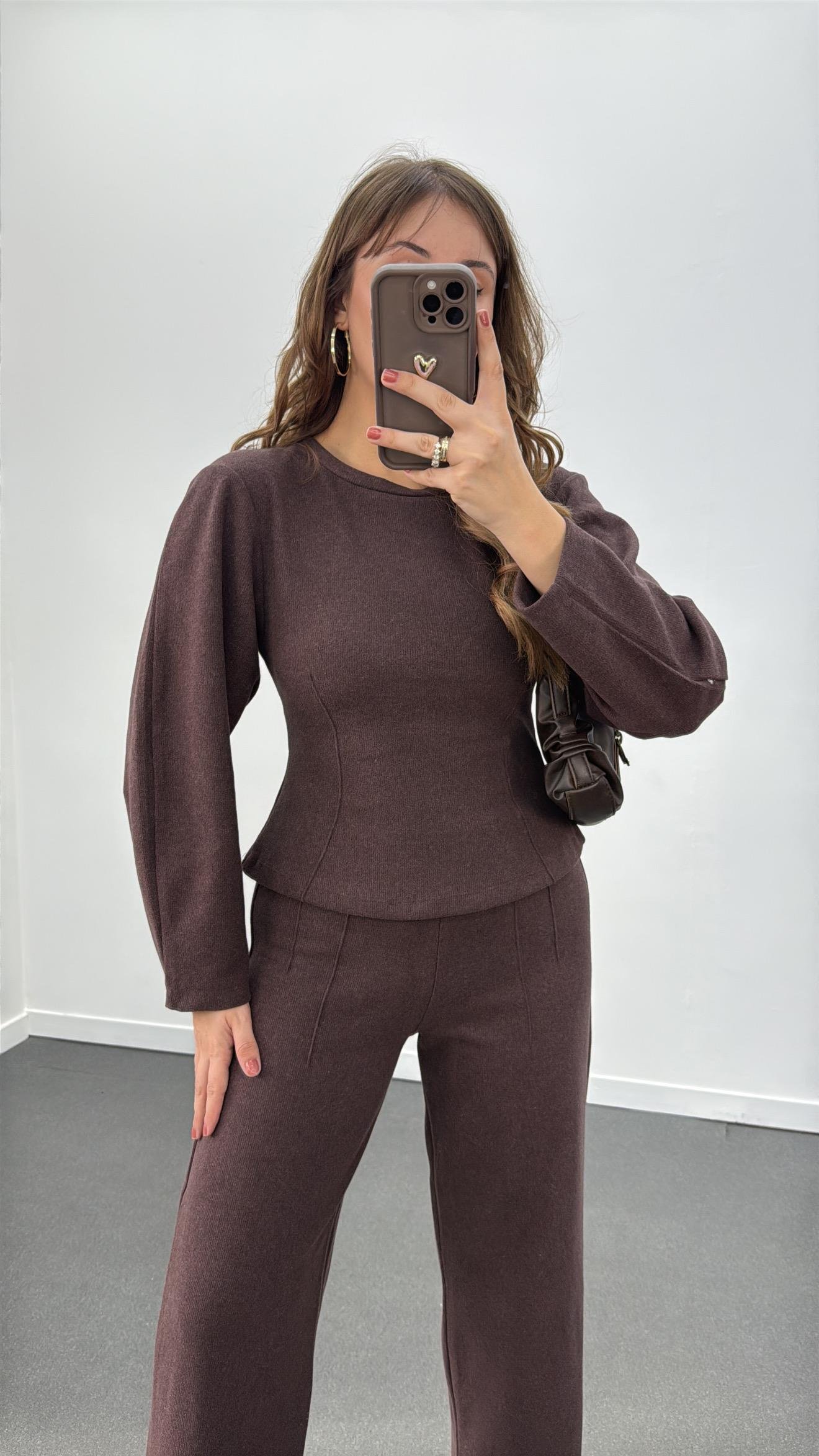 Suho Acı Kahve Balon Kol Triko Ve Pantolon Takımı