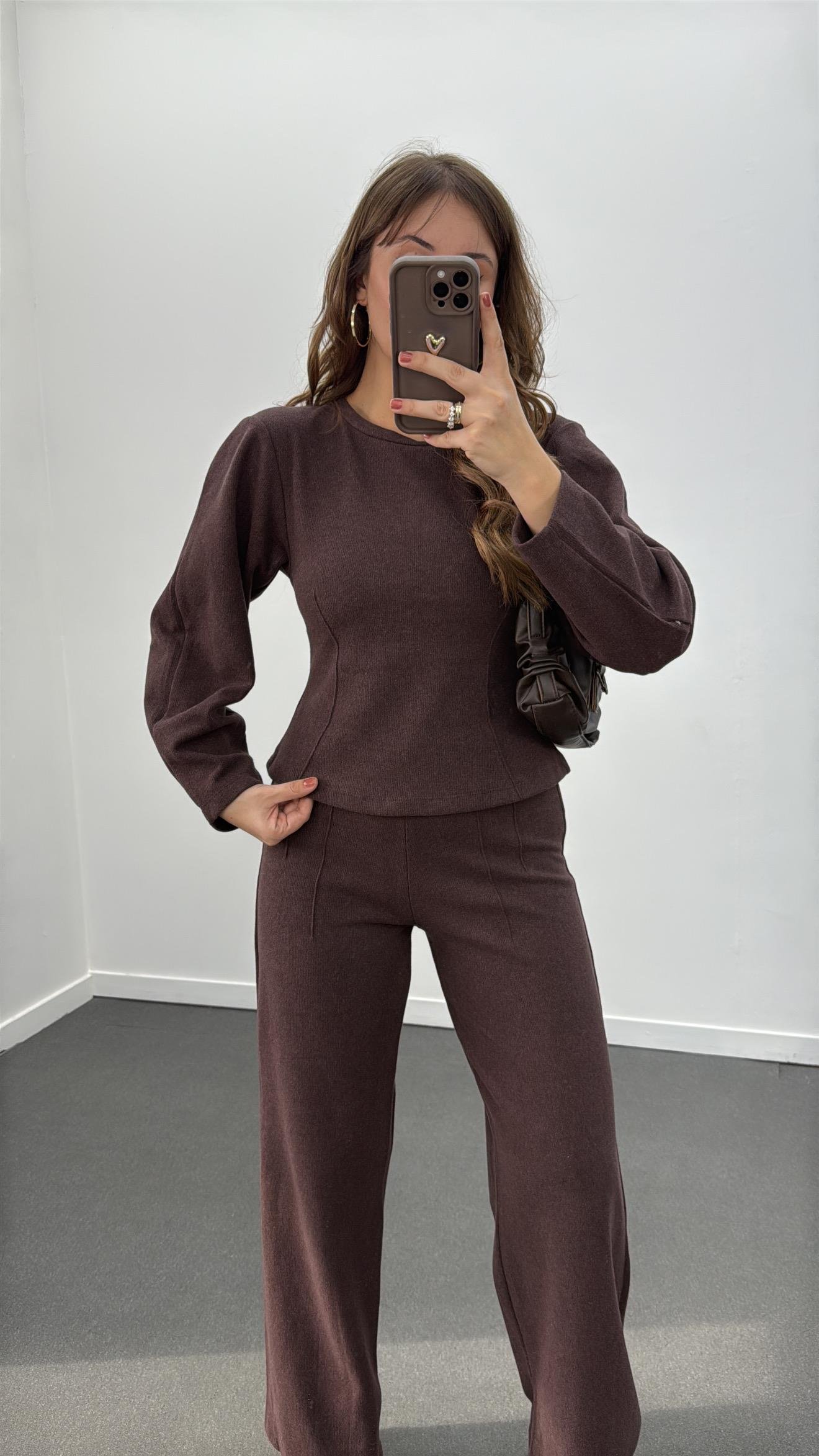 Suho Acı Kahve Balon Kol Triko Ve Pantolon Takımı