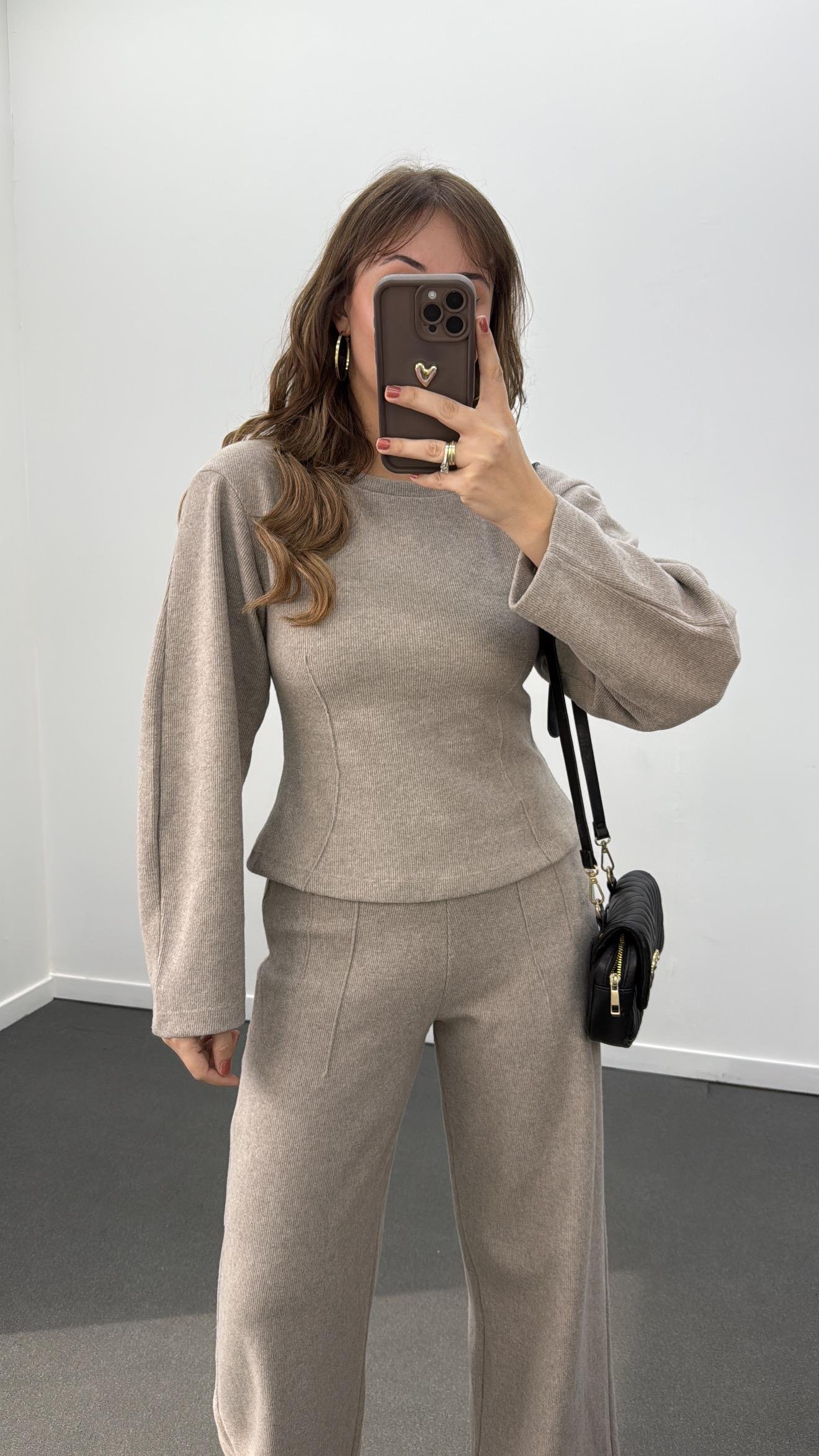 Suho Açık Bej Balon Kol Triko Ve Pantolon Takımı