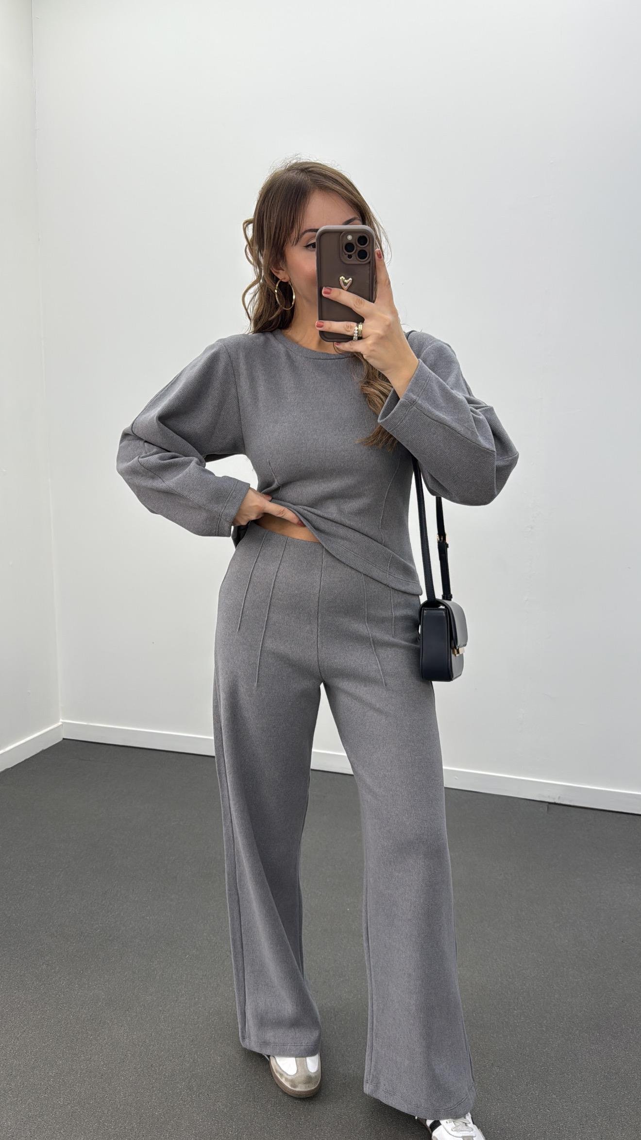 Suho Gri Balon Kol Triko Ve Pantolon Takımı