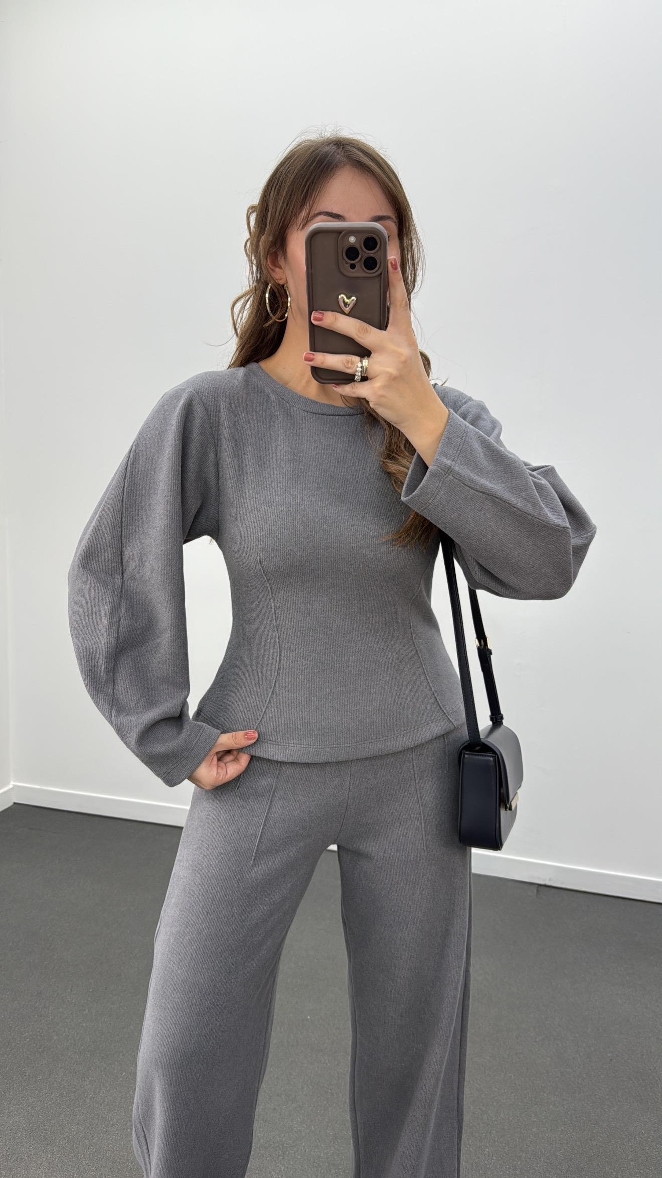 Suho Gri Balon Kol Triko Ve Pantolon Takımı