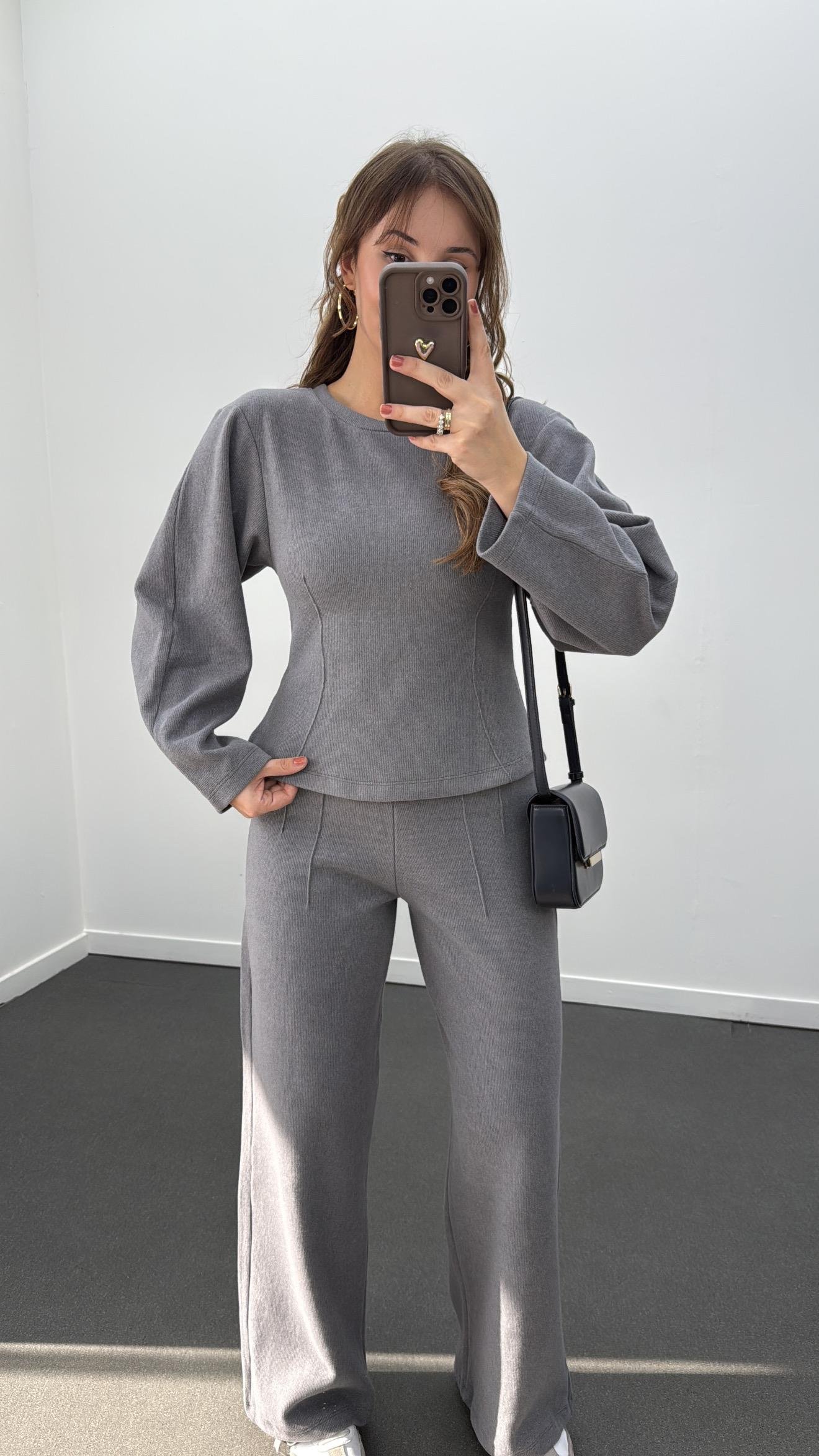 Suho Gri Balon Kol Triko Ve Pantolon Takımı