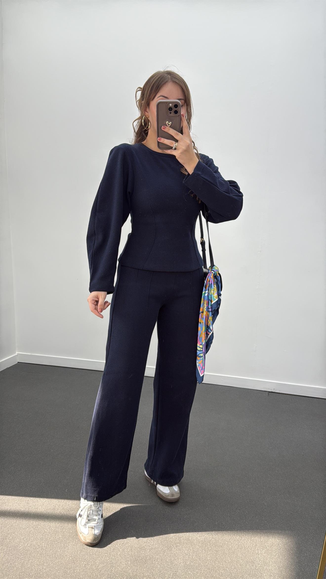 Suho Lacivert  Balon Kol Triko Ve Pantolon Takımı