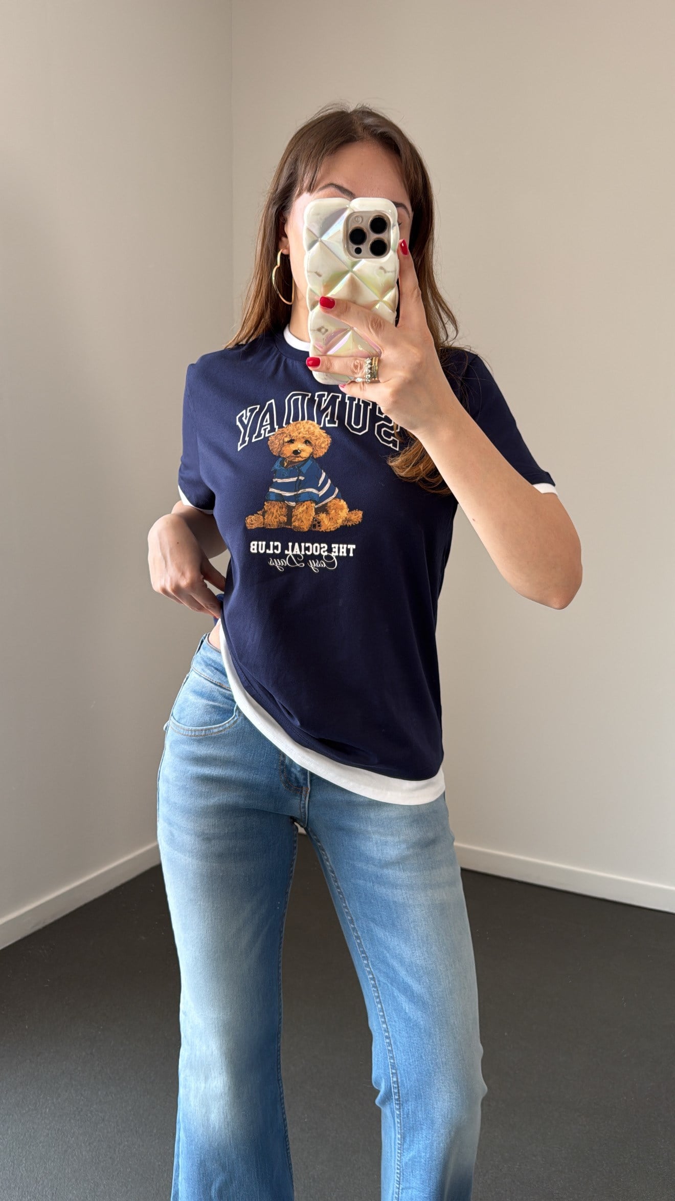 Sunday Lacivert Beyaz Ayıcık Baskılı Çift Renk Tshirt