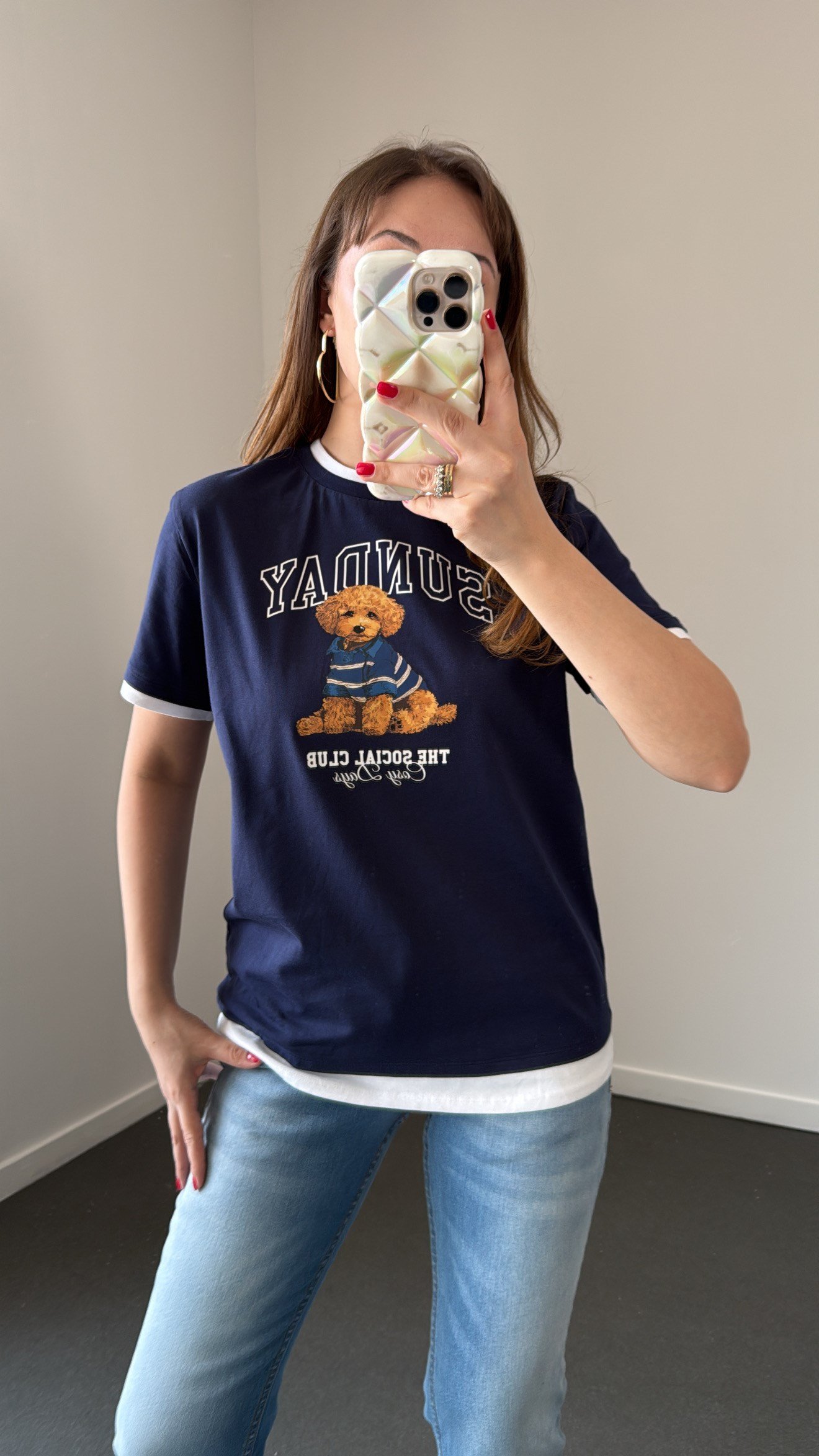 Sunday Lacivert Beyaz Ayıcık Baskılı Çift Renk Tshirt