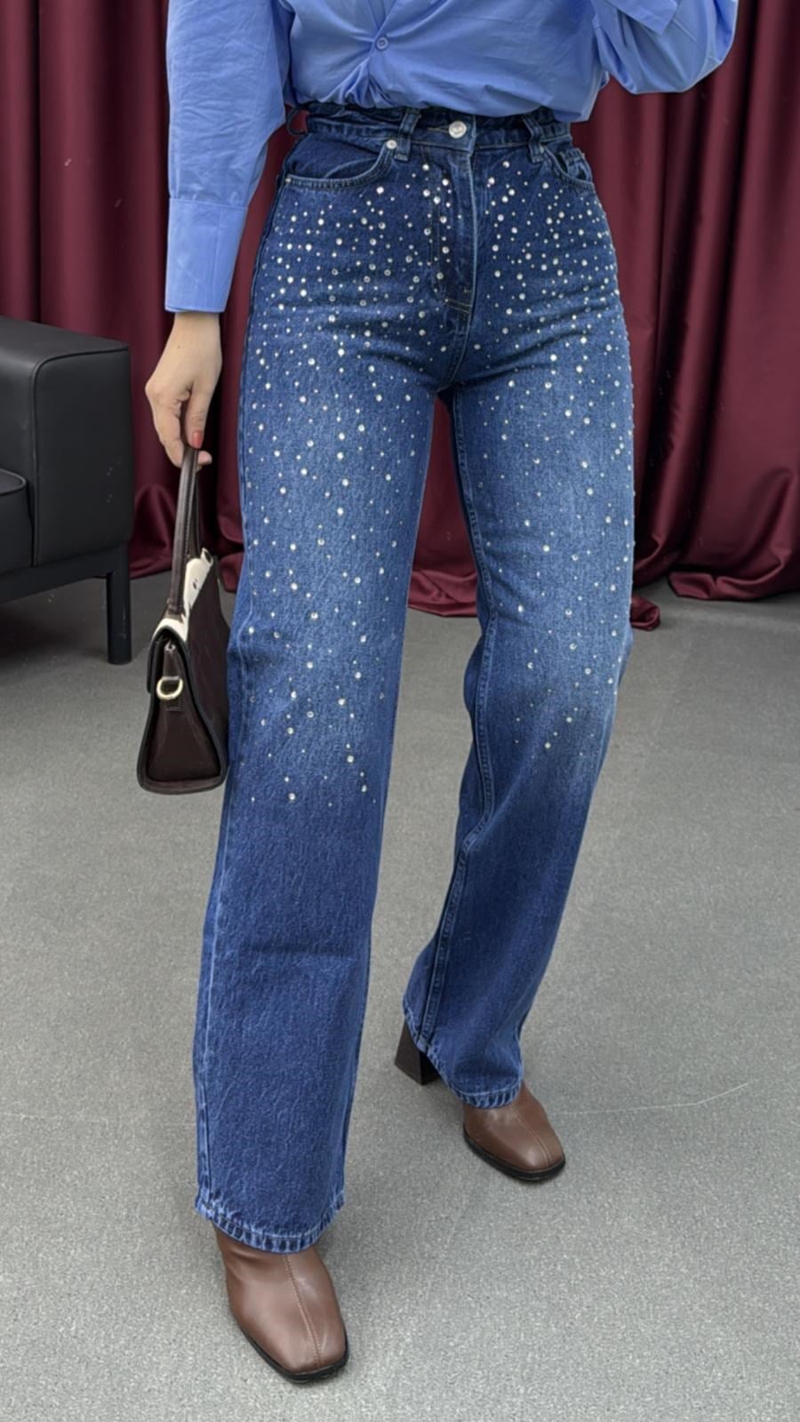Swarovski Kot Renk Taş Aksesuarlı Premium Jean