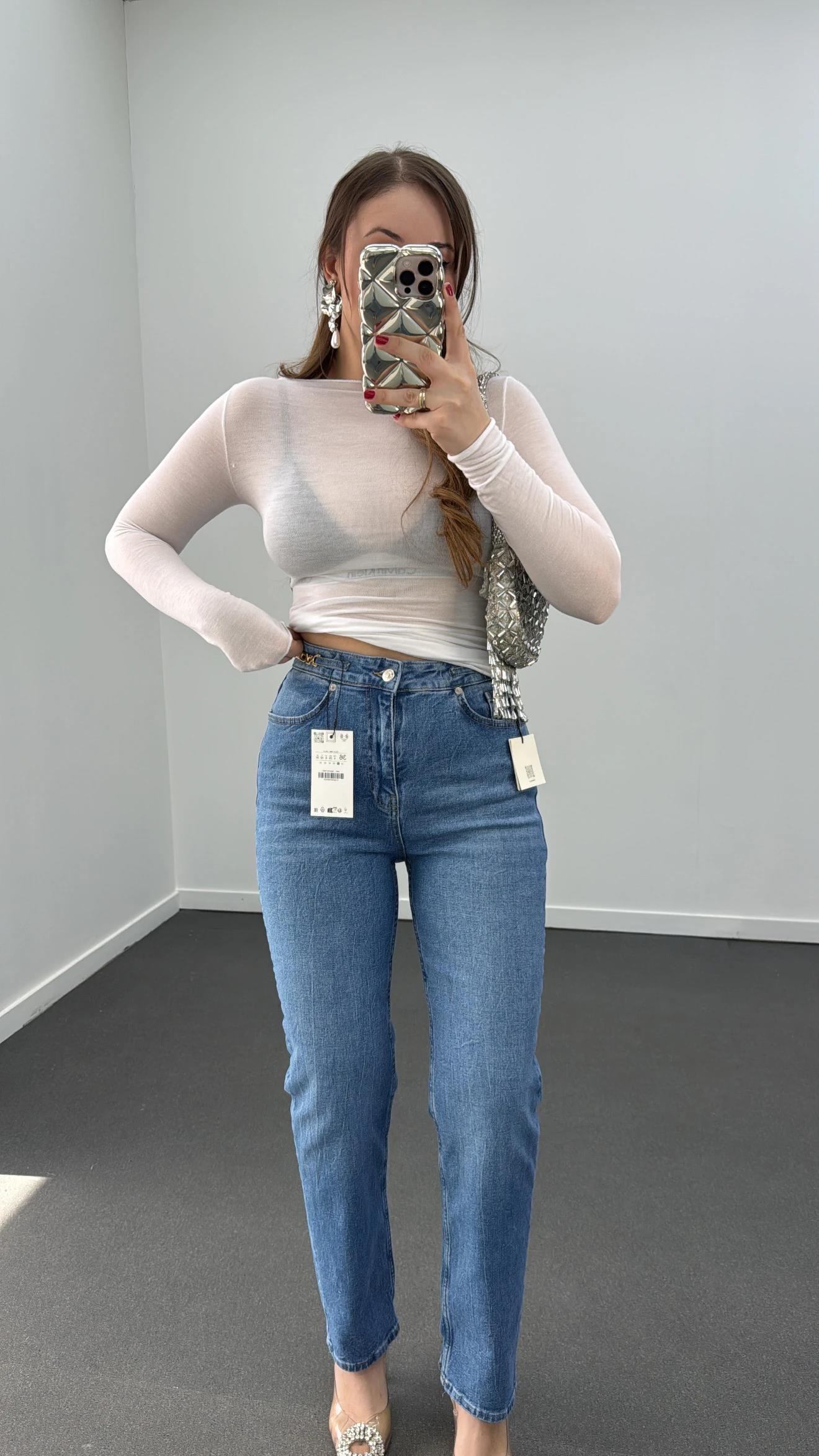 Sydney Açık Kot Beli Zincirli Likralı Slim Straight Jeans