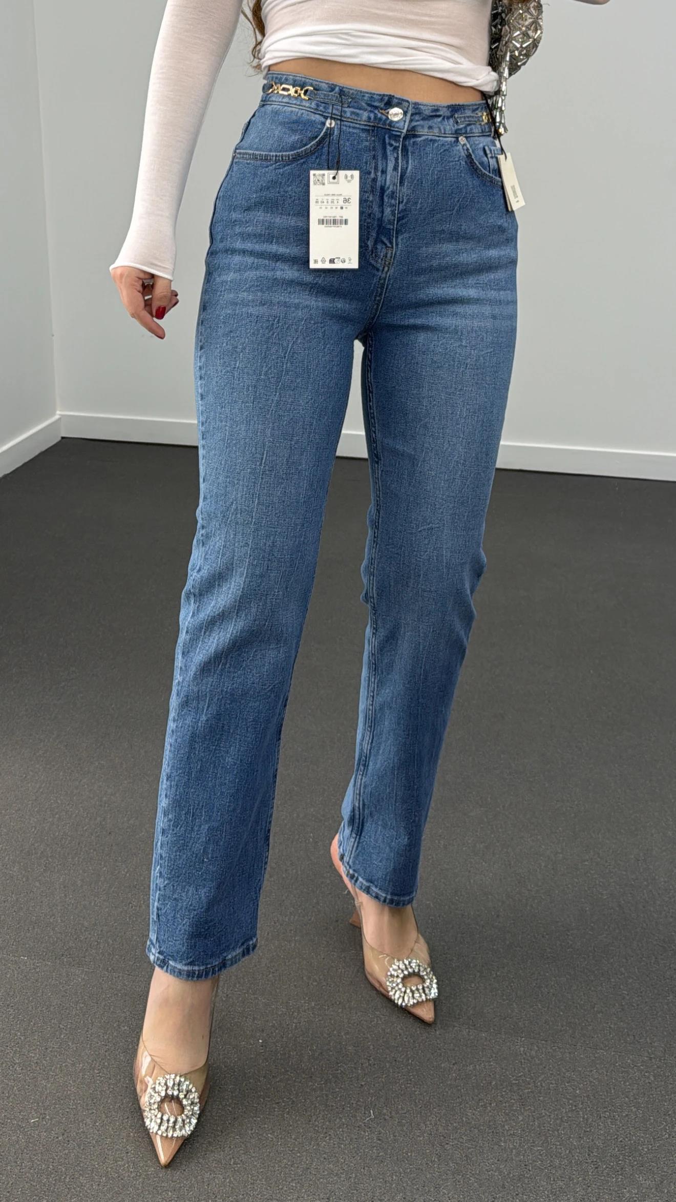 Sydney Açık Kot Beli Zincirli Likralı Slim Straight Jeans
