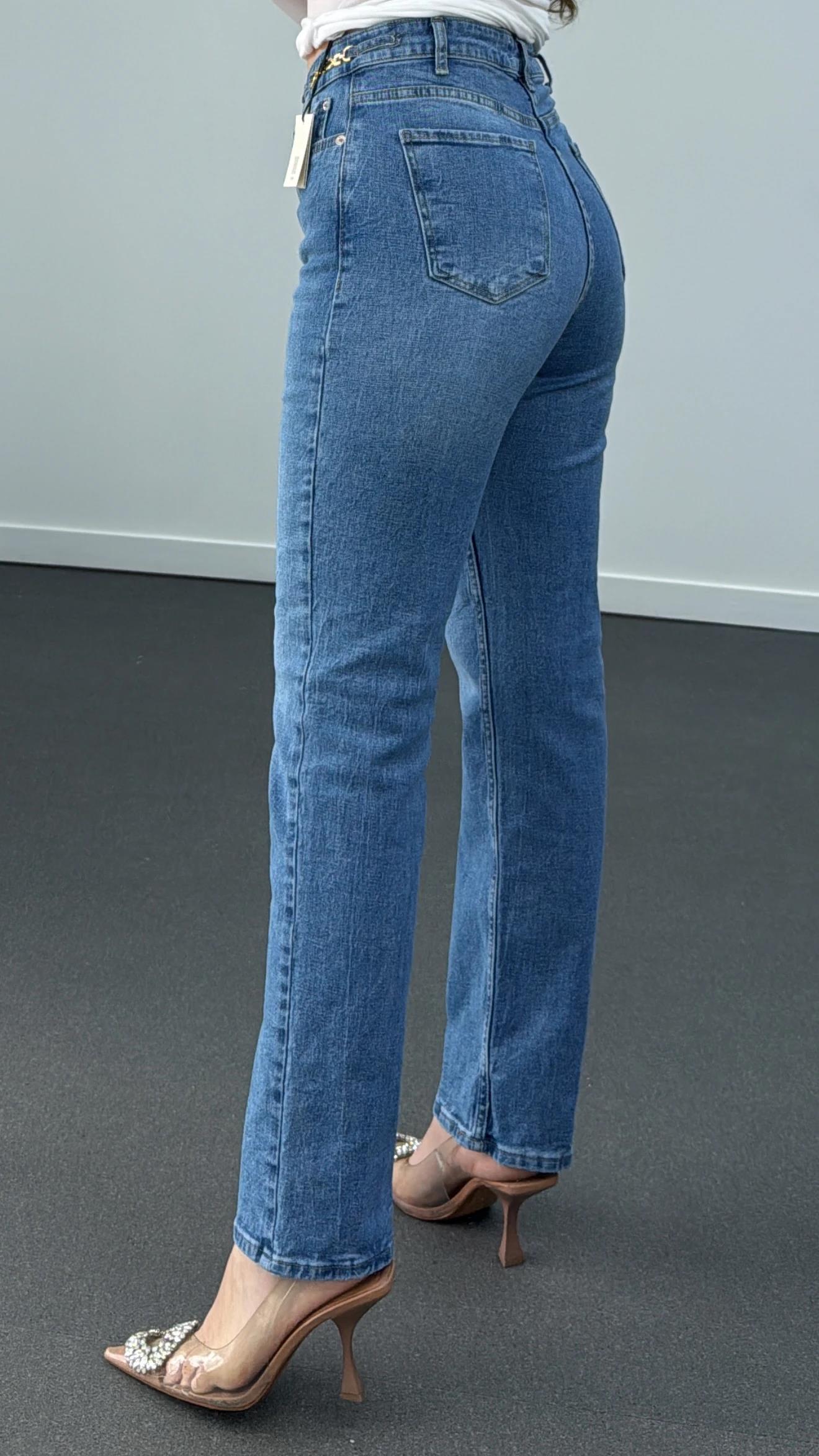 Sydney Açık Kot Beli Zincirli Likralı Slim Straight Jeans